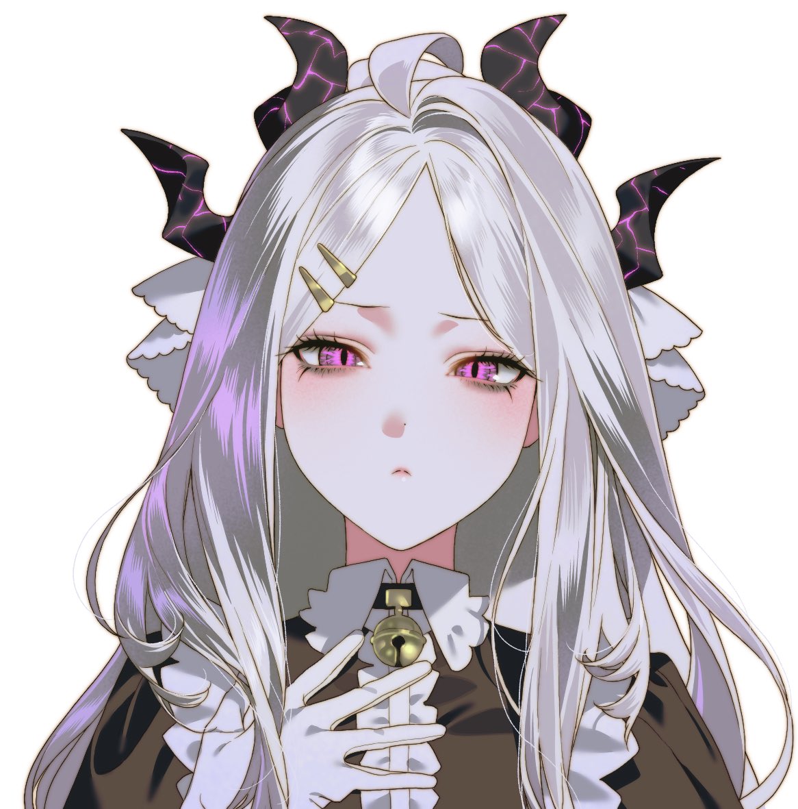 sinkae 44, hina (blue archive), blue archive, commentary request, korean commentary, 1girl, ahoge, bell, black dress, black horns, blush, closed mouth, demon girl, demon horns, dress, frills, gloves, hair ornament, hairclip, half-closed eyes, hand on own chest, head tilt, horns, light frown, long hair, looking at viewer, maid, multiple horns, neck bell, parted bangs, portrait, puffy sleeves, purple eyes, simple background, solo, white background, white gloves, white hair