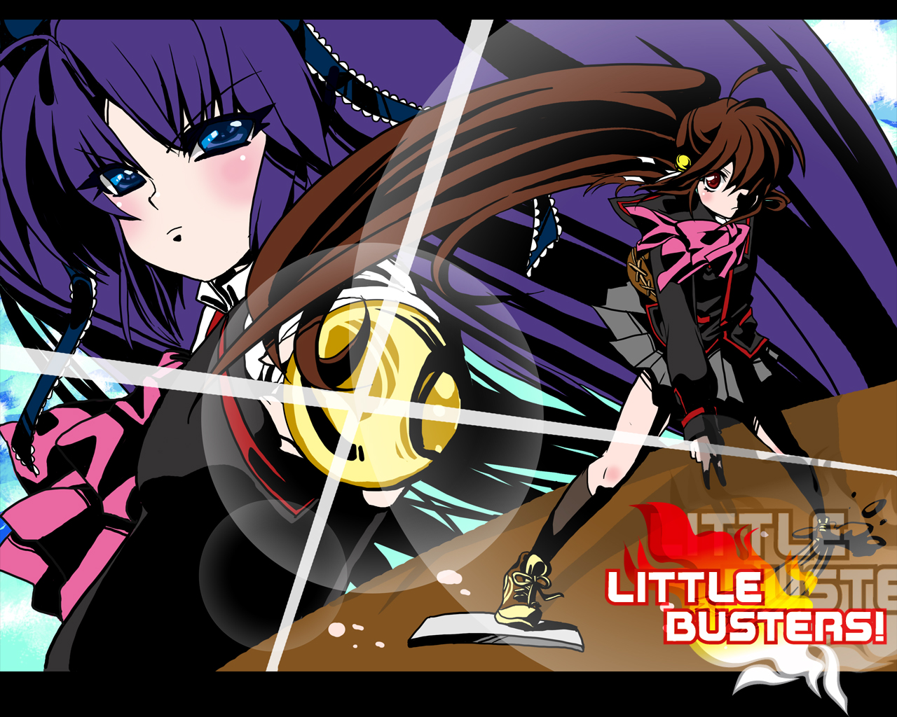 yanyo (ogino atsuki), natsume rin, sasasegawa sasami, little busters!, tengen toppa gurren lagann, bad id, bad pixiv id, 2girls, baseball bat, baseball glove, bow, eyecatch, hair ornament, hair ribbon, lens flare, long hair, multiple girls, parody, pink bow, ponytail, ribbon, school uniform, style parody, very long hair