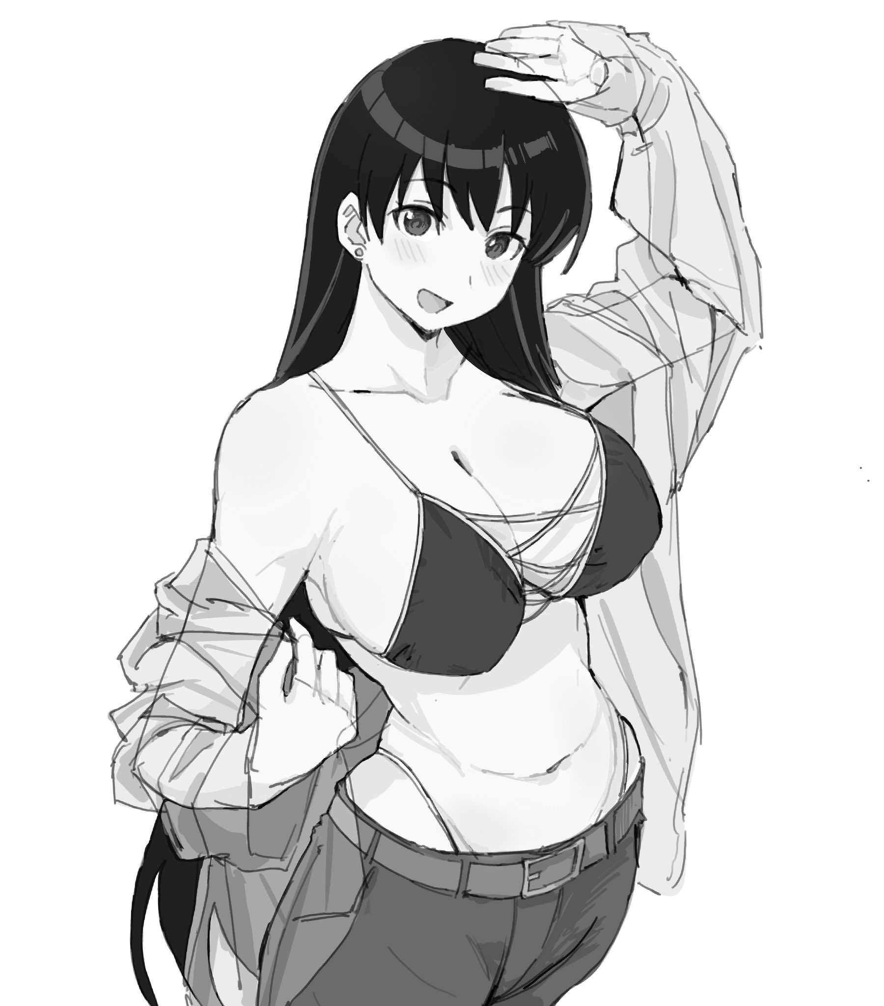 arato nagi, ruri no houseki, highres, 1girl, arm above head, bikini, black hair, breasts, cleavage, cross-laced bikini, cross-laced clothes, earrings, jacket, jewelry, large breasts, light blush, long hair, looking at viewer, monochrome, navel, pants, removing jacket, see-through clothes, see-through jacket, smile, solo, standing, straight hair, strap gap, stud earrings, swimsuit, utaha rizumu, very long hair