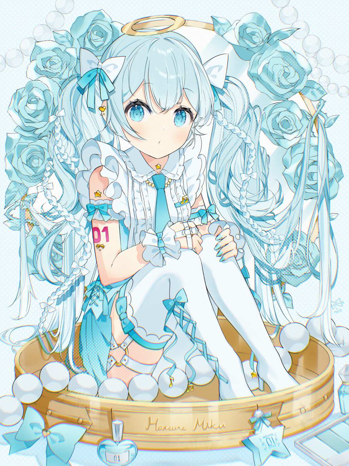 croix (croixtw), hatsune miku, vocaloid, commentary request, highres, 1girl, aqua eyes, aqua flower, aqua hair, aqua nails, aqua necktie, aqua rose, arm tattoo, bow, character name, collared shirt, flower, frilled shirt, frilled shirt collar, frilled sleeves, frills, hair between eyes, hair bow, hair ornament, jewelry, long hair, looking at viewer, musical note, necktie, number tattoo, o-ring garter belt, pantyhose, rose, shirt, sitting, solo, string of pearls, tattoo, twintails, very long hair, white pantyhose, white shirt, wrist cuffs