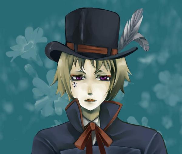 nouzei noun, drocell cains, drocell cainz, kuroshitsuji, bad id, bad pixiv id, 00s, 1boy, blonde hair, facial mark, hat, male focus, neck ribbon, open mouth, puppet, purple eyes, ribbon, solo, top hat