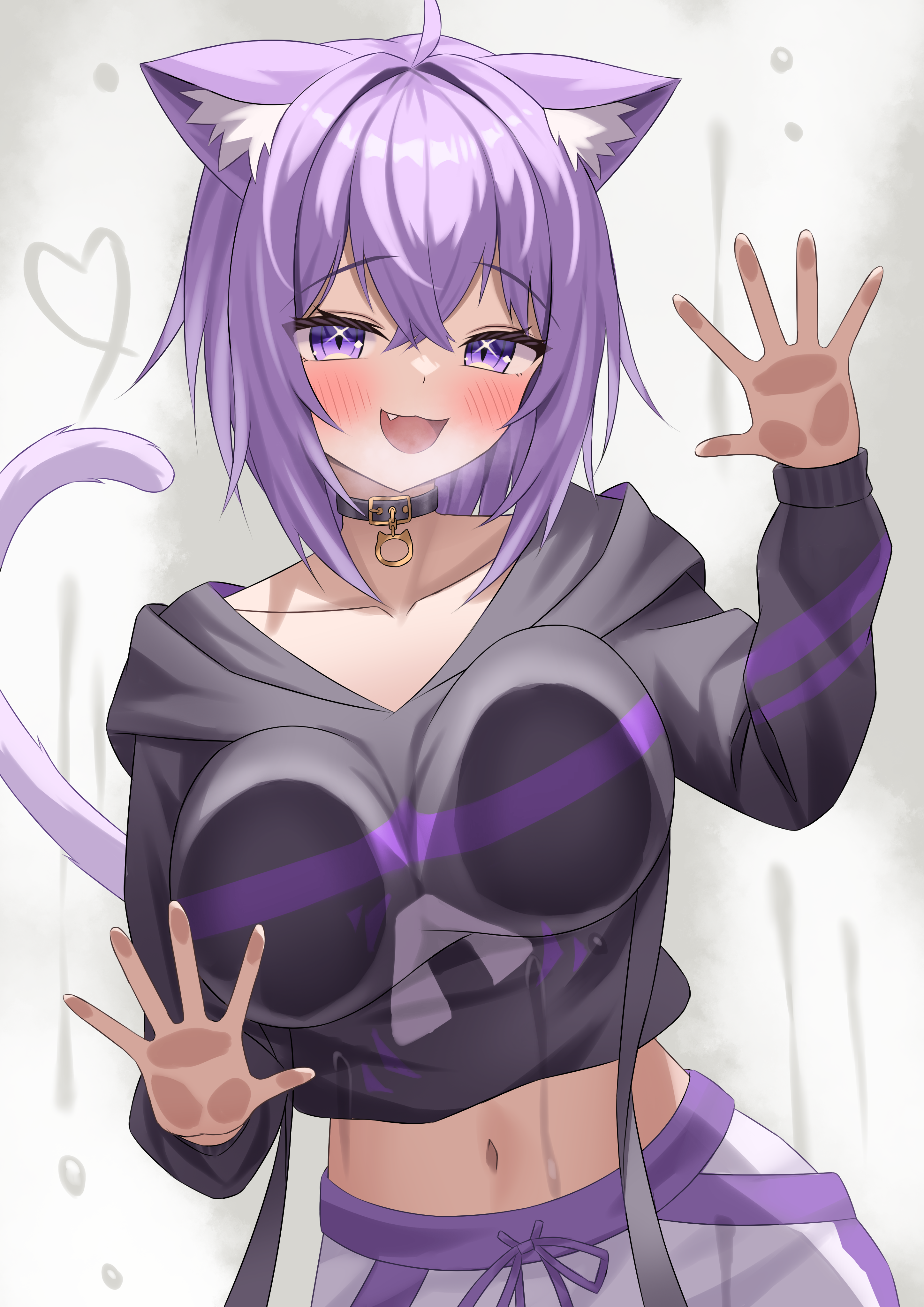 kumoru (kumoru 145), nekomata okayu, hololive, absurdres, commentary, highres, 1girl, against glass, animal ear fluff, animal ears, aroused, black collar, black hoodie, blush, breast press, breasts on glass, cat ears, cat girl, cat tail, collar, crop top, fang, hair between eyes, hood, hoodie, long hair, long sleeves, medium hair, midriff, navel, open mouth, pants, purple eyes, purple hair, purple tail, solo, stomach, sweatpants, tail, virtual youtuber, white pants