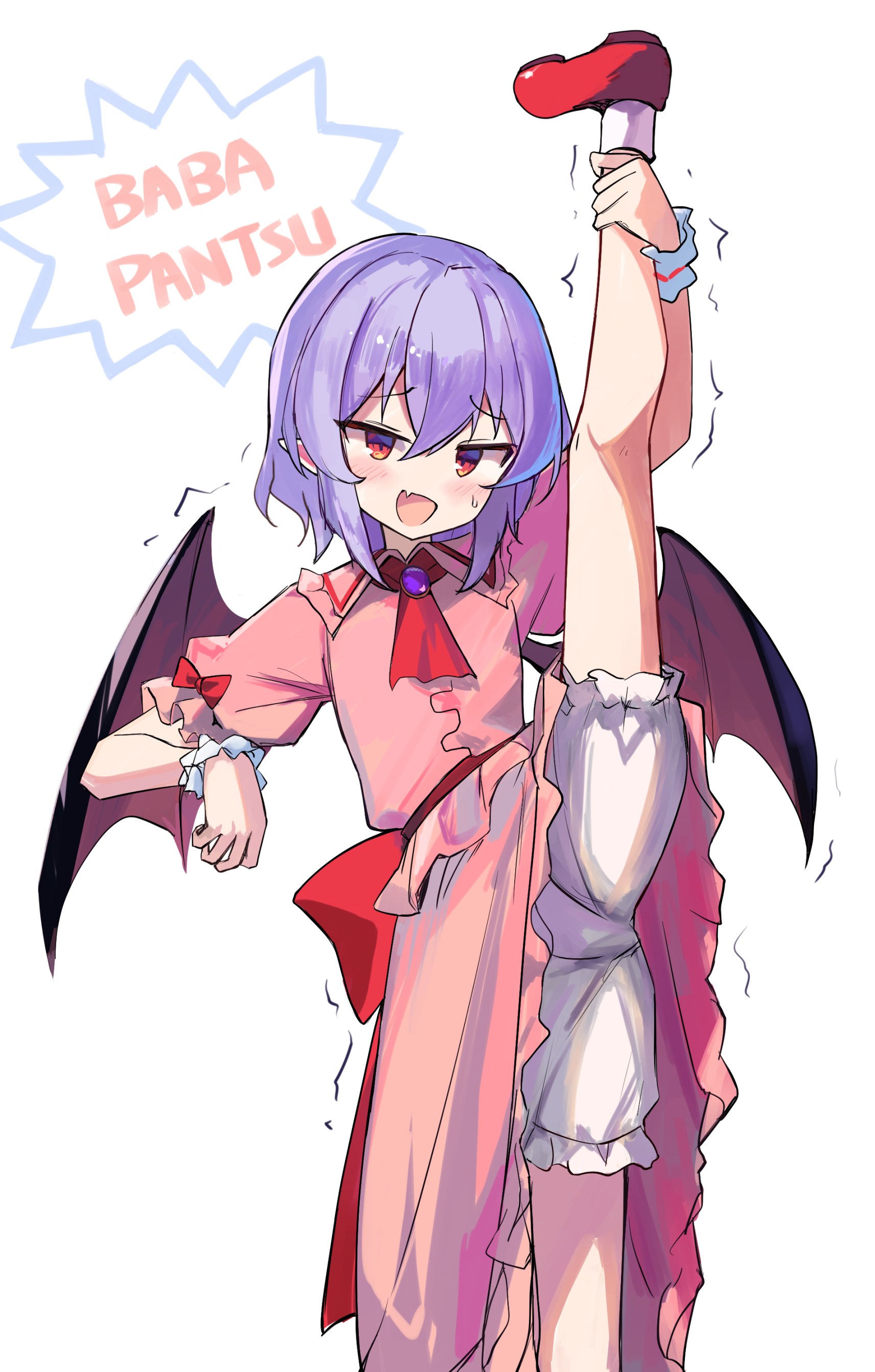 ririo (mitsumatario), remilia scarlet, touhou, absurdres, commentary request, highres, revision, 1girl, ascot, bat wings, bloomers, blush, dress, fang, holding own leg, leg up, looking at viewer, pink dress, puffy short sleeves, puffy sleeves, purple hair, red ascot, red eyes, red shoes, shoes, short hair, short sleeves, simple background, skin fang, smile, solo, split, standing, standing on one leg, standing split, sweatdrop, trembling, underwear, white background, white bloomers, wings, wristband
