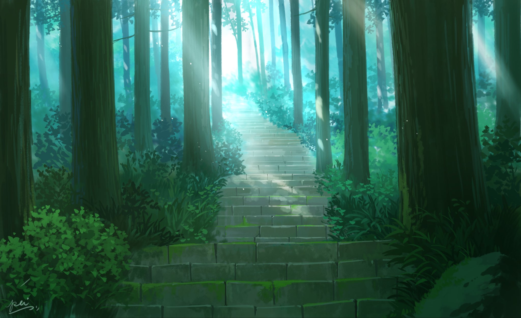 pei (sumurai), original, commentary request, highres, bush, day, forest, moss, nature, no humans, outdoors, scenery, signature, stairs, sunlight, tree