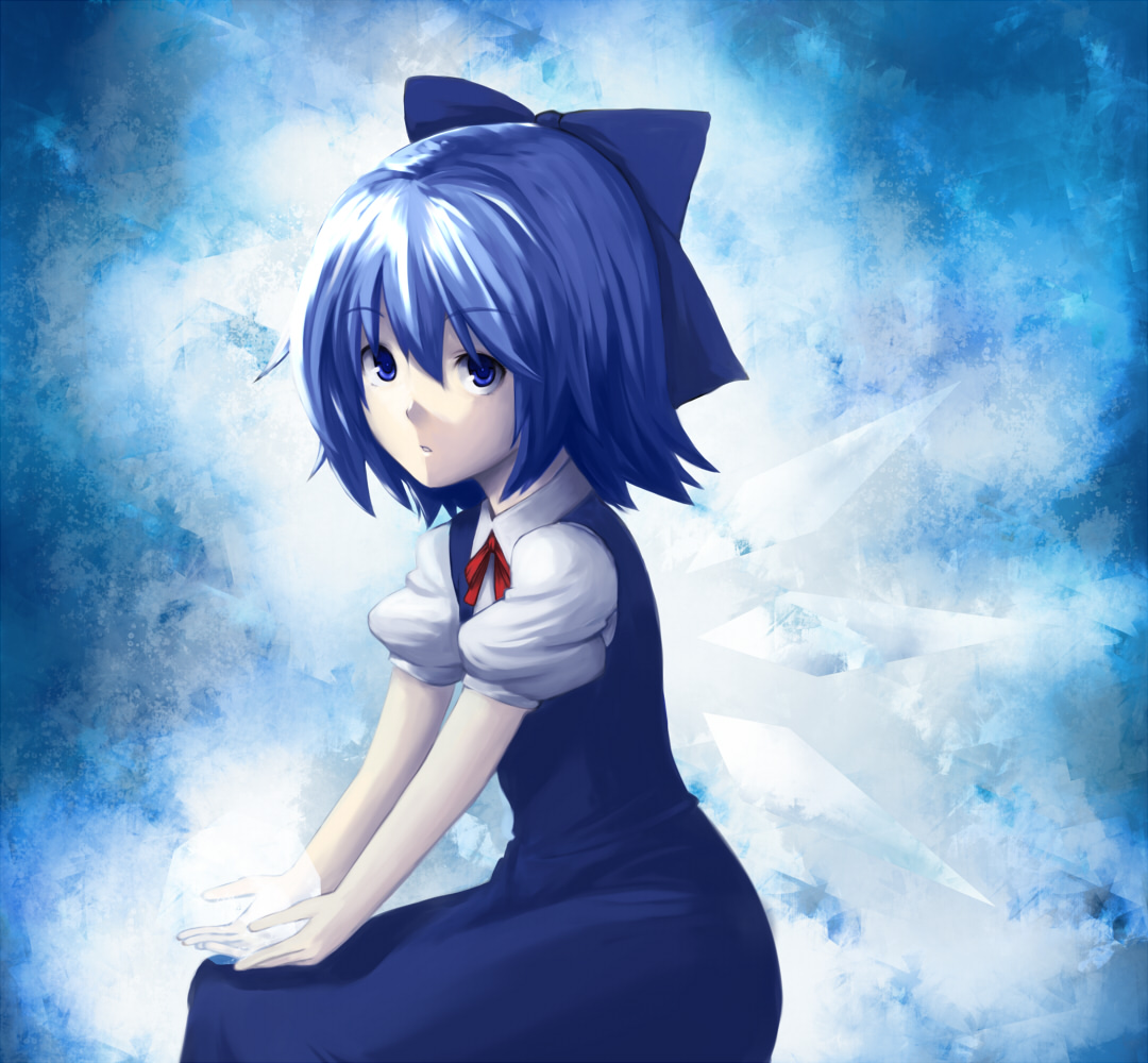 hiroya juuren, cirno, embodiment of scarlet devil, touhou, 1girl, blue eyes, blue hair, blue theme, dress, female focus, gradient background, ice, matching hair/eyes, ribbon, sitting, solo, white background, wings