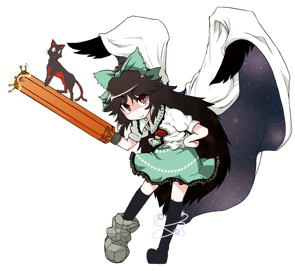 golden pe done, kaenbyou rin, kaenbyou rin (cat), reiuji utsuho, touhou, 1girl, animal, arm cannon, black hair, female focus, flying, full body, long hair, looking at viewer, red eyes, simple background, solo, thighhighs, very long hair, weapon, white background, wings