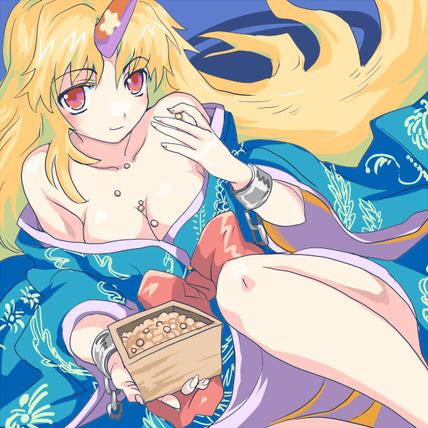 nanami sano, hoshiguma yuugi, hoshiguma yuugi (kimono), touhou, 1girl, beans, breasts, cleavage, female focus, horns, japanese clothes, kimono, mamemaki, masu, medium breasts, oni, setsubun, single horn, solo