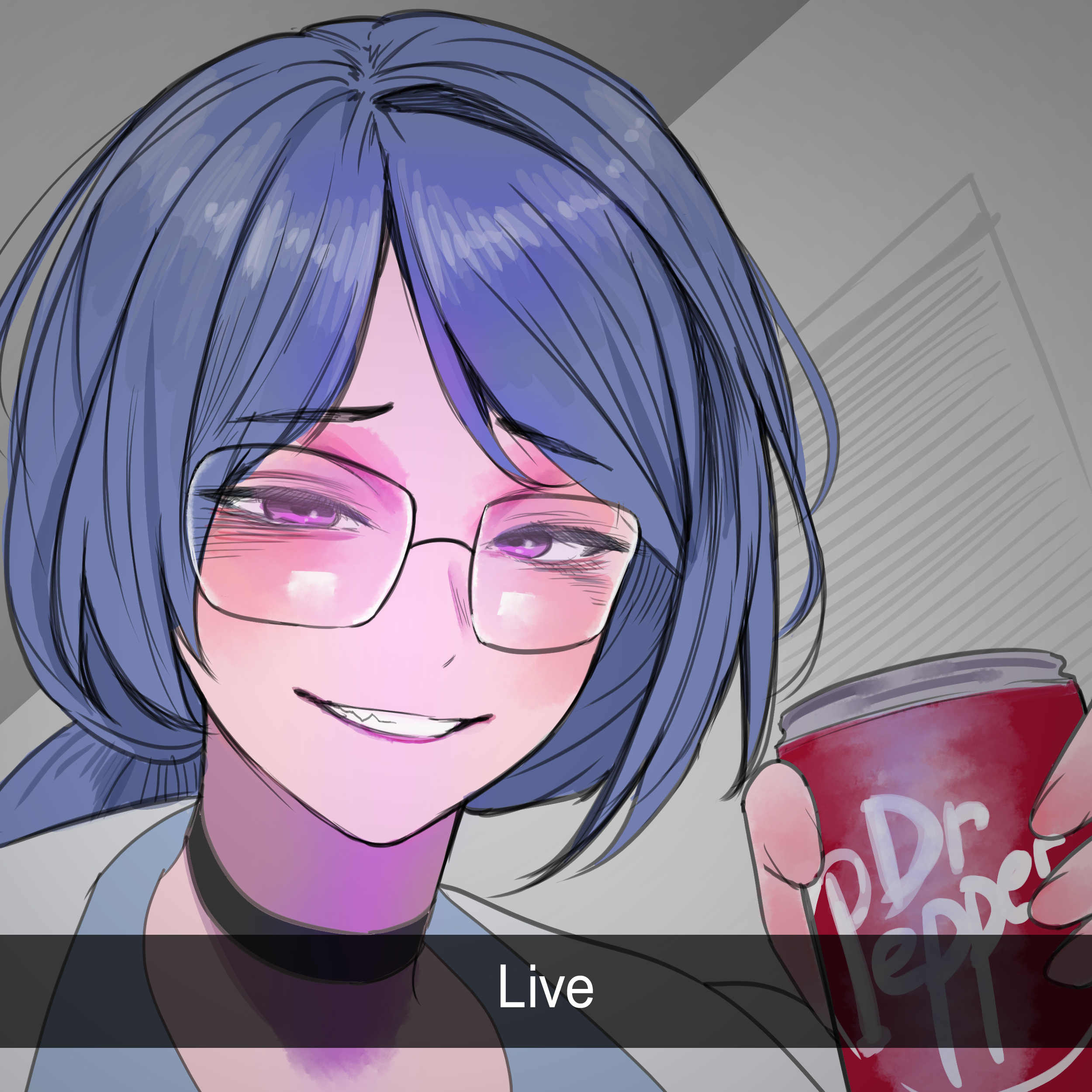 m4skedboi, k11 (girls' frontline), dr pepper, girls' frontline, absurdres, commission, commissioner upload, highres, non-web source, 1girl, black choker, blue hair, can, choker, drink can, english text, glasses, grin, holding, holding can, indoors, looking at viewer, meme, purple eyes, smile, snapchat kill guy (meme), soda can, solo
