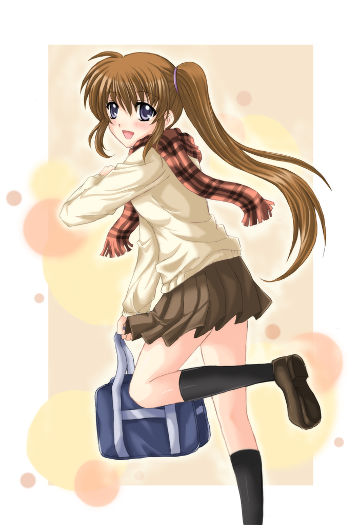 misuzu (iridescence), takamachi nanoha, lyrical nanoha, mahou shoujo lyrical nanoha, mahou shoujo lyrical nanoha a's, bad id, bad pixiv id, 00s, bag, blush, brown hair, kneehighs, long hair, plaid clothes, plaid scarf, purple eyes, scarf, school uniform, side ponytail, skirt, smile, socks, solo