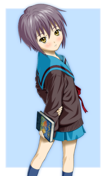 ichikawa masahiro, nagato yuki, suzumiya haruhi no yuuutsu, 00s, blush, book, cardigan, looking back, purple hair, school uniform, serafuku, short hair, skirt, socks, yellow eyes