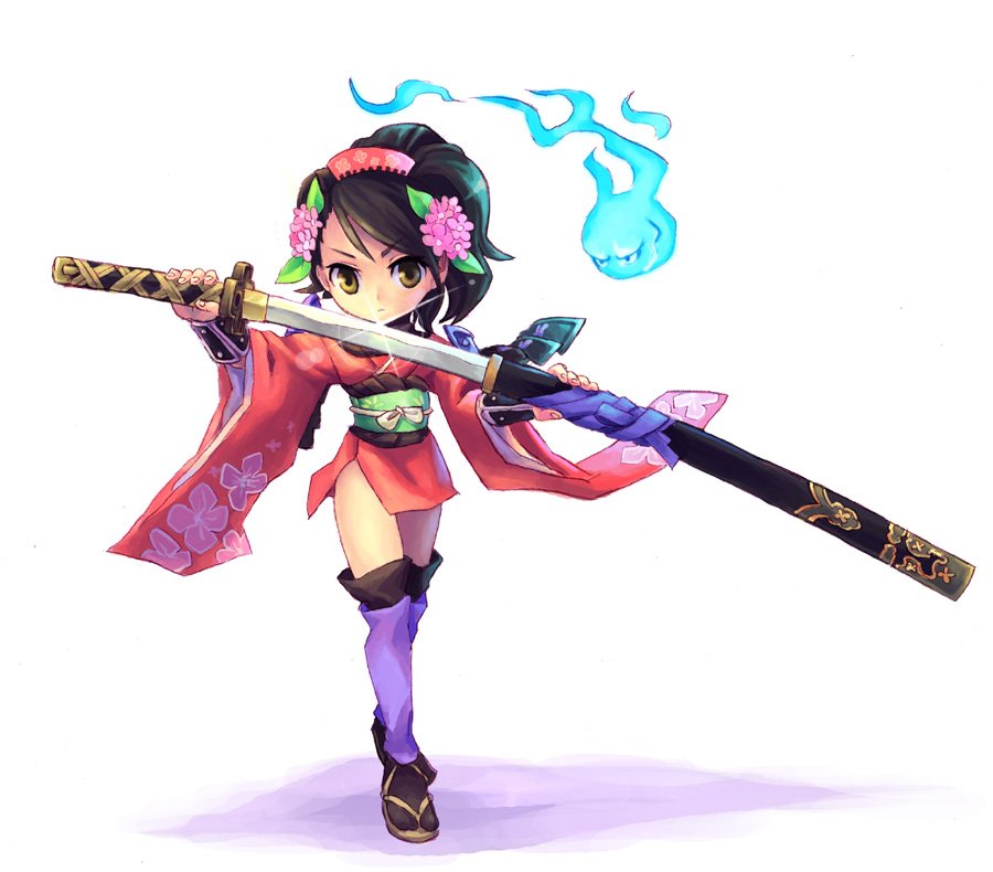 chingisu, izuna jinkuro, jinkuro, momohime, oboro muramasa, bad id, bad pixiv id, 1girl, armor, black hair, brown eyes, cherry blossoms, chibi, comb, floral print, flower, gauntlets, ghost, hair flower, hair ornament, hitodama, japanese armor, japanese clothes, katana, kimono, kote, kurokote, sandals, sheath, short kimono, shoulder armor, sode, spirit, sword, thighhighs, unsheathing, weapon, wristband, zettai ryouiki
