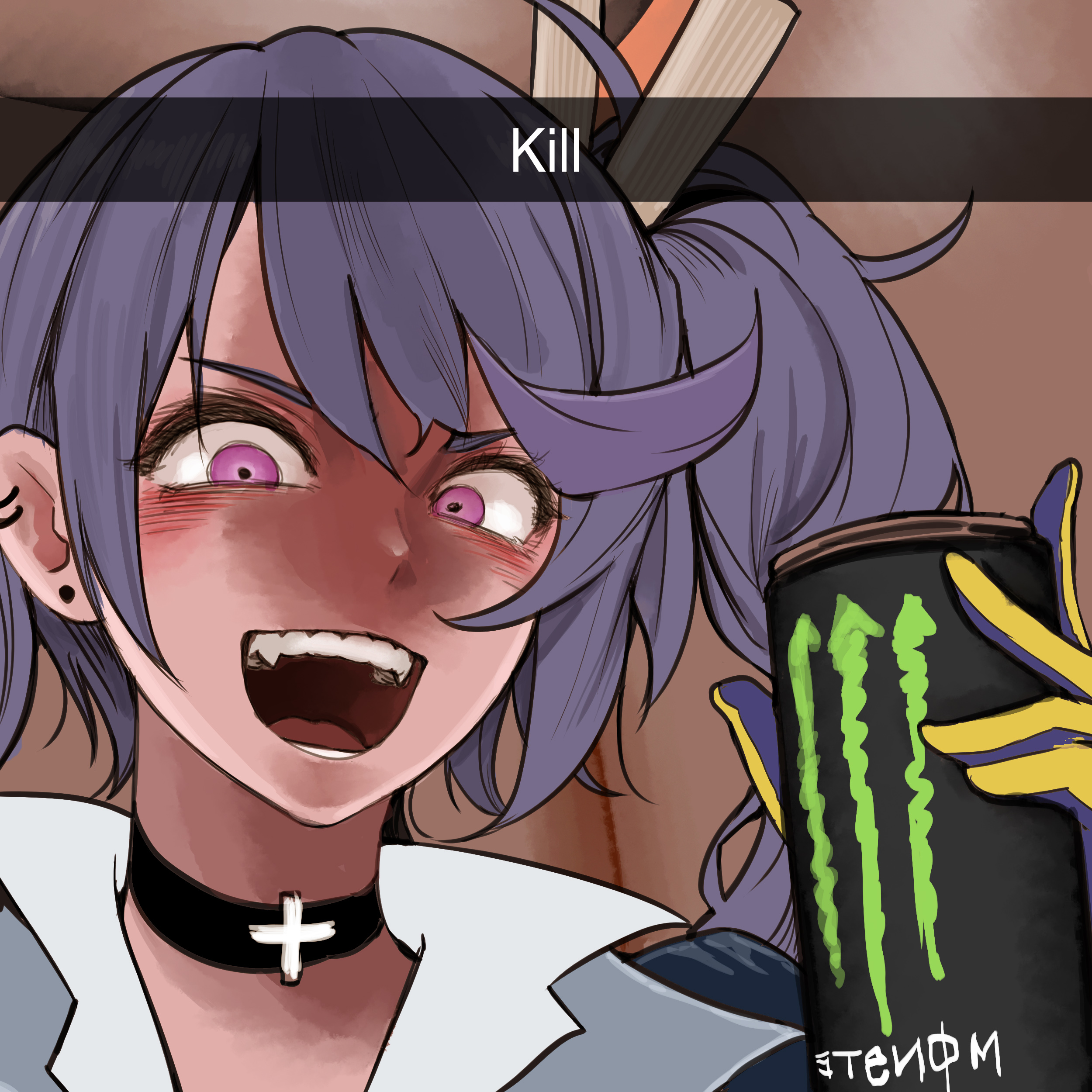 m4skedboi, k11 (girls' frontline), girls' frontline, monster energy, absurdres, commission, commissioner upload, highres, non-web source, 1girl, blue gloves, blue hair, can, choker, clothes pin, cross, cross choker, drink can, earrings, gloves, hair ornament, hairpin, holding, holding can, indoors, jewelry, long hair, looking at viewer, meme, open mouth, purple eyes, side ponytail, smile, snapchat kill guy (meme), soda can, solo, stud earrings, teeth, two-tone gloves, yellow gloves