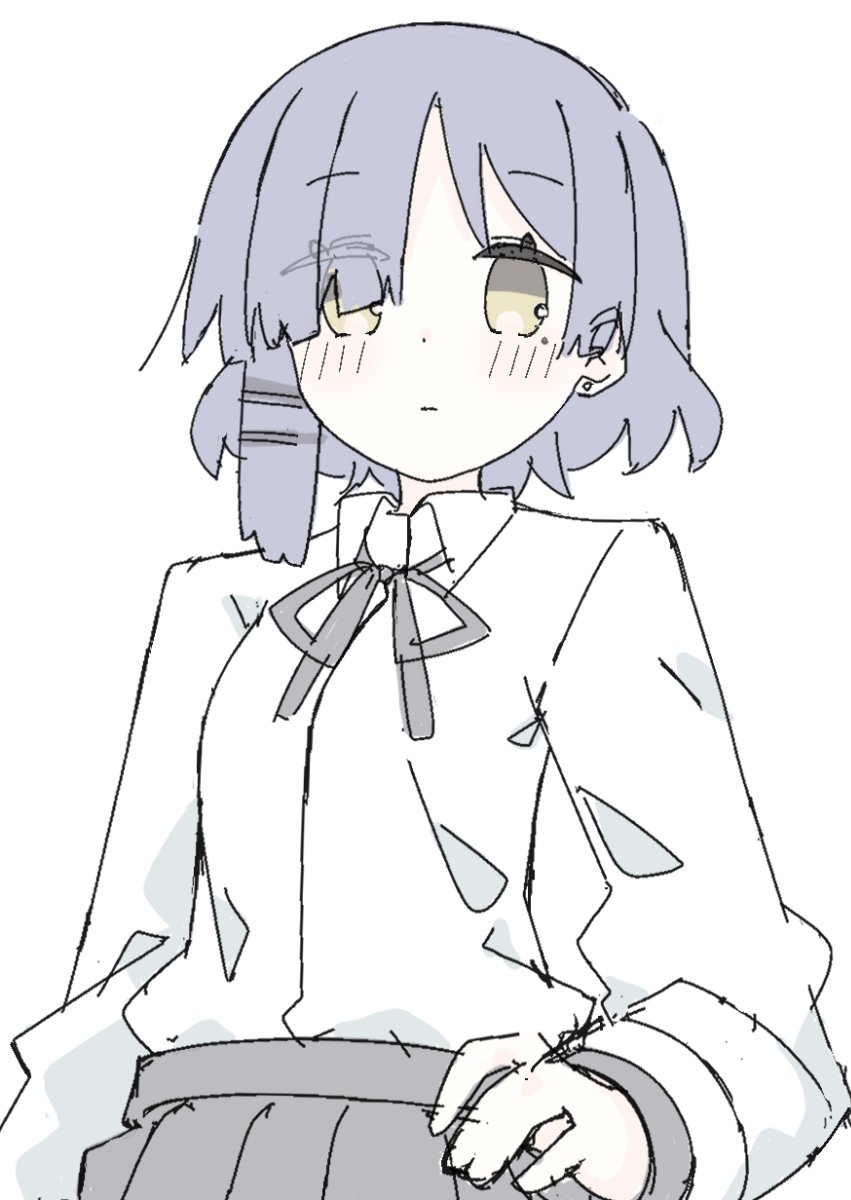 yamada ryo, bocchi the rock!, highres, 1girl, black ribbon, black skirt, blue ribbon, blush, brown eyes, closed mouth, collared shirt, jacket, long sleeves, lostman please, neck ribbon, pleated skirt, ribbon, shirt, simple background, skirt, solo, white background, white shirt