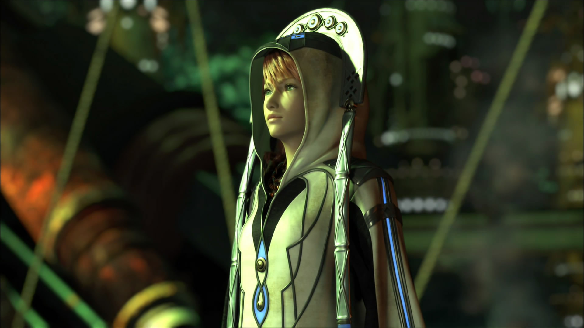 oerba dia vanille, final fantasy, final fantasy xiii, highres, 10s, green eyes, robe, solo