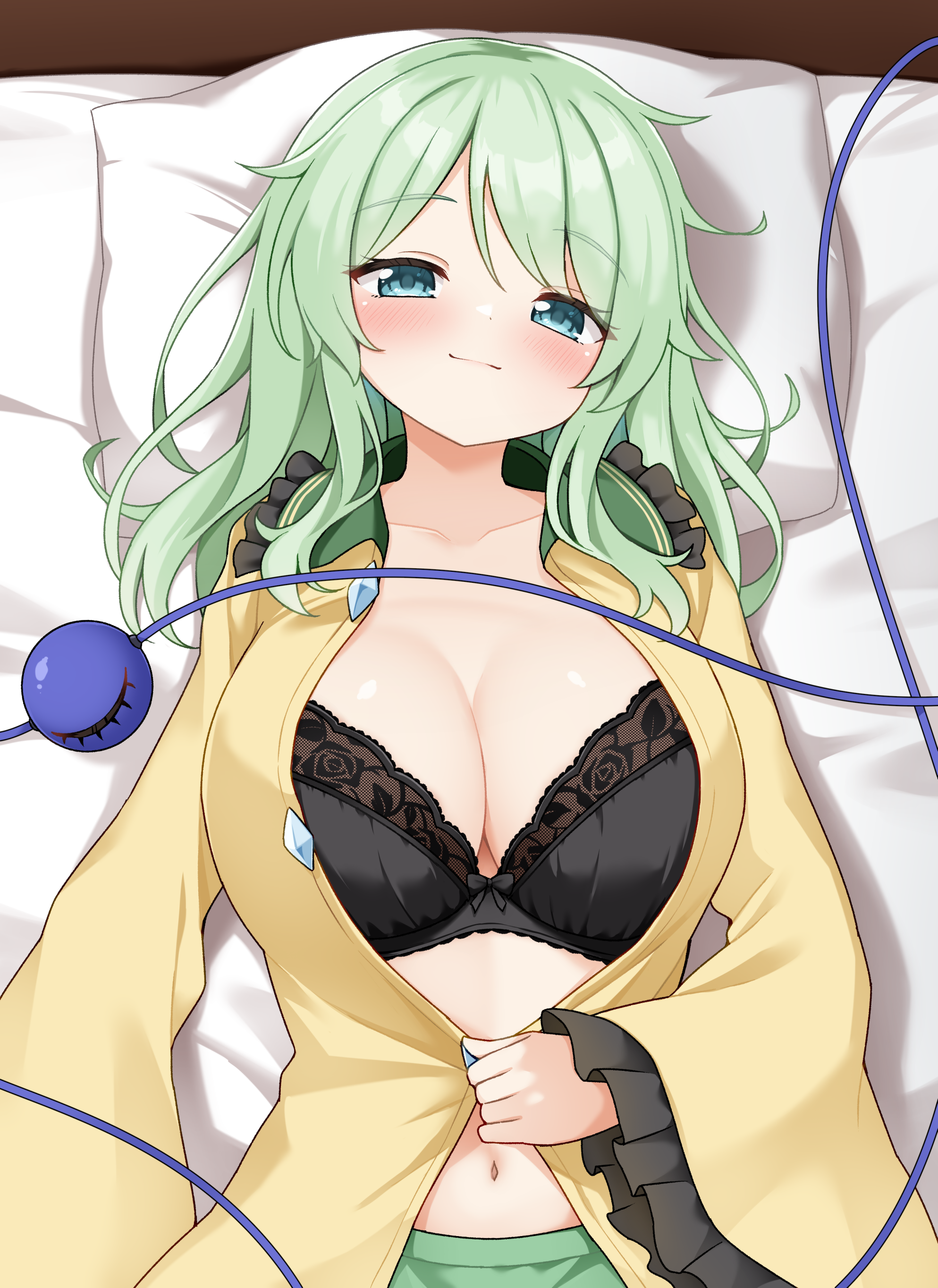 suwa yasai, komeiji koishi, touhou, absurdres, commission, highres, pixiv commission, 1girl, black bra, blush, bra, breasts, cleavage, eyeball, frilled sleeves, frills, green eyes, green hair, green skirt, heart, heart of string, large breasts, long sleeves, looking at viewer, navel, open clothes, open shirt, pillow, shirt, skirt, smile, solo, third eye, underwear, wide sleeves, yellow shirt