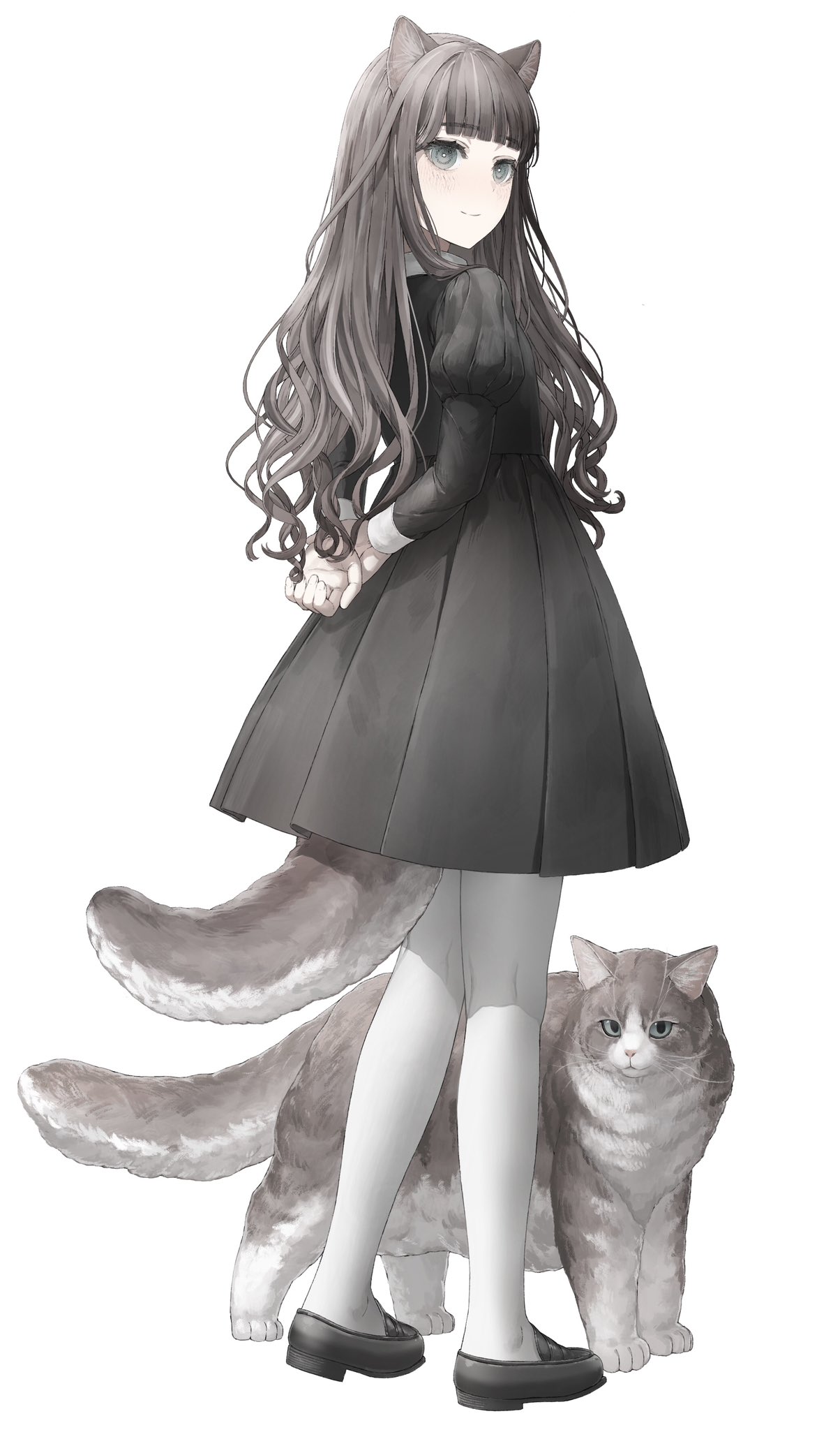 ryu (denkiryu), original, commentary, highres, symbol-only commentary, 1girl, animal ears, arms behind back, black dress, black shoes, blunt bangs, cat, cat ears, cat girl, cat tail, closed mouth, contrast collar, dress, from behind, full body, grey eyes, grey hair, holding own wrist, juliet sleeves, loafers, long hair, long sleeves, looking at viewer, looking back, pantyhose, puffy sleeves, shoes, simple background, smile, solo, standing, tail, wavy hair, white background, white pantyhose