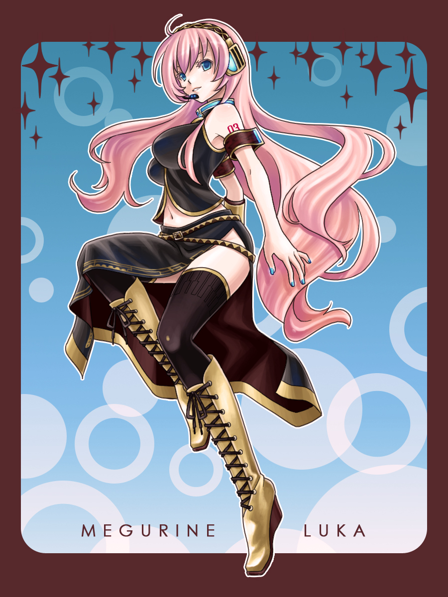 kirita asami, megurine luka, vocaloid, highres, 1girl, aqua eyes, blue nails, boots, breasts, female focus, headset, knee boots, long hair, midriff, nail polish, pink hair, solo, thighhighs, very long hair