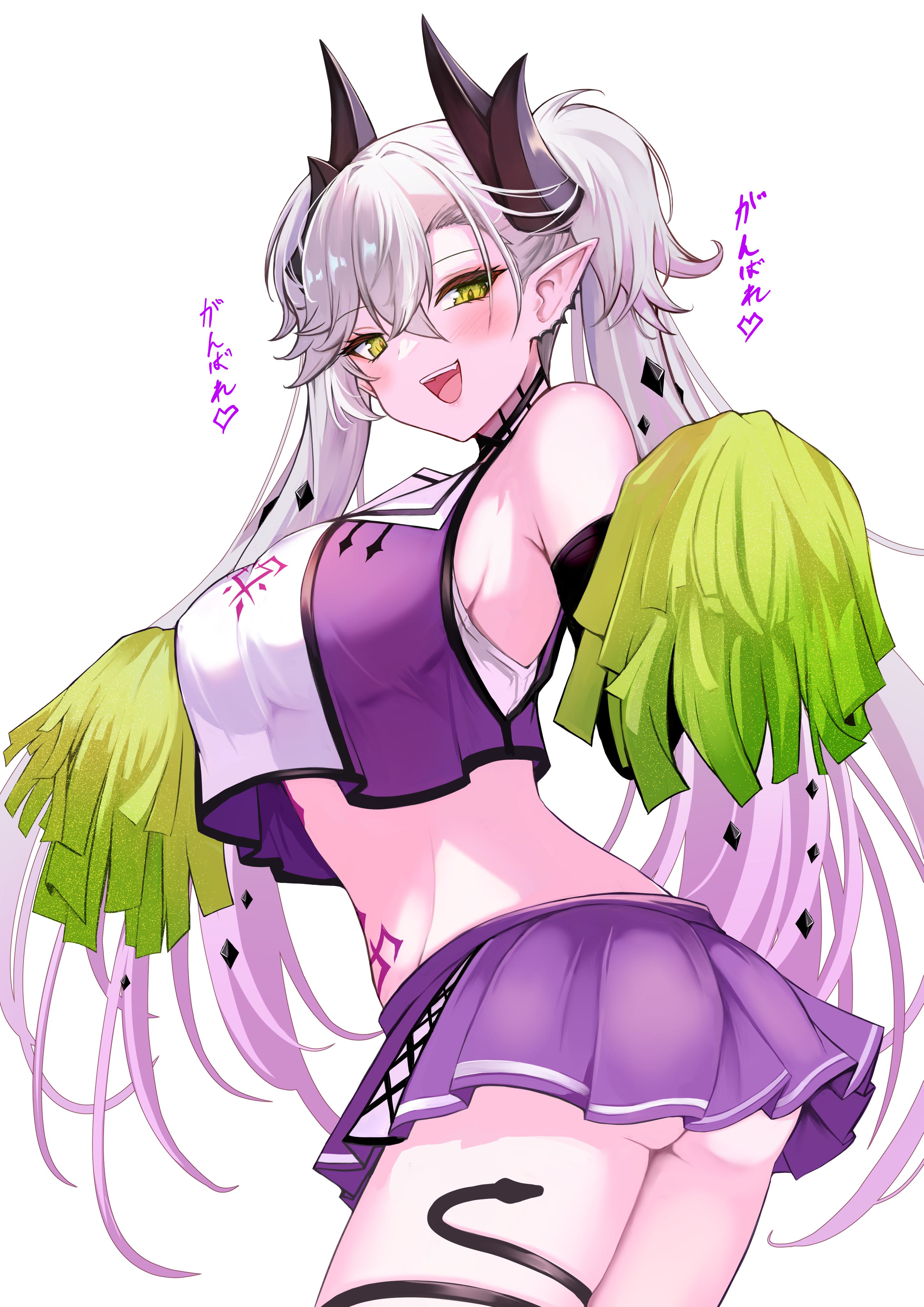 shibakame, lilith (fate), fate/grand order, fate (series), absurdres, highres, translation request, bare shoulders, blush, breasts, cheerleader, demon horns, earrings, gradient hair, green eyes, horns, jewelry, large breasts, looking at viewer, multicolored hair, pink hair, pleated skirt, pointy ears, pom pom (cheerleading), purple skirt, single earring, skirt, twintails, white hair