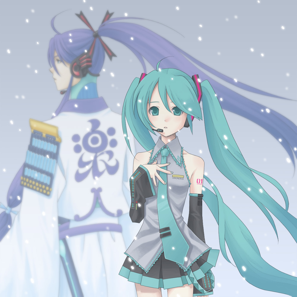 kirita asami, hatsune miku, kamui gakupo, vocaloid, aqua eyes, aqua hair, detached sleeves, long hair, necktie, ponytail, skirt, snow, twintails, very long hair