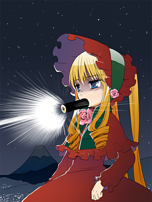 meme child sato, satou memeko, shinku, rozen maiden, bad id, bad pixiv id, 00s, 1girl, blonde hair, blue eyes, bonnet, dress, drill hair, female focus, food, long hair, makizushi, mount fuji, mouth hold, sky, solo, star (sky), starry sky, sushi, twintails