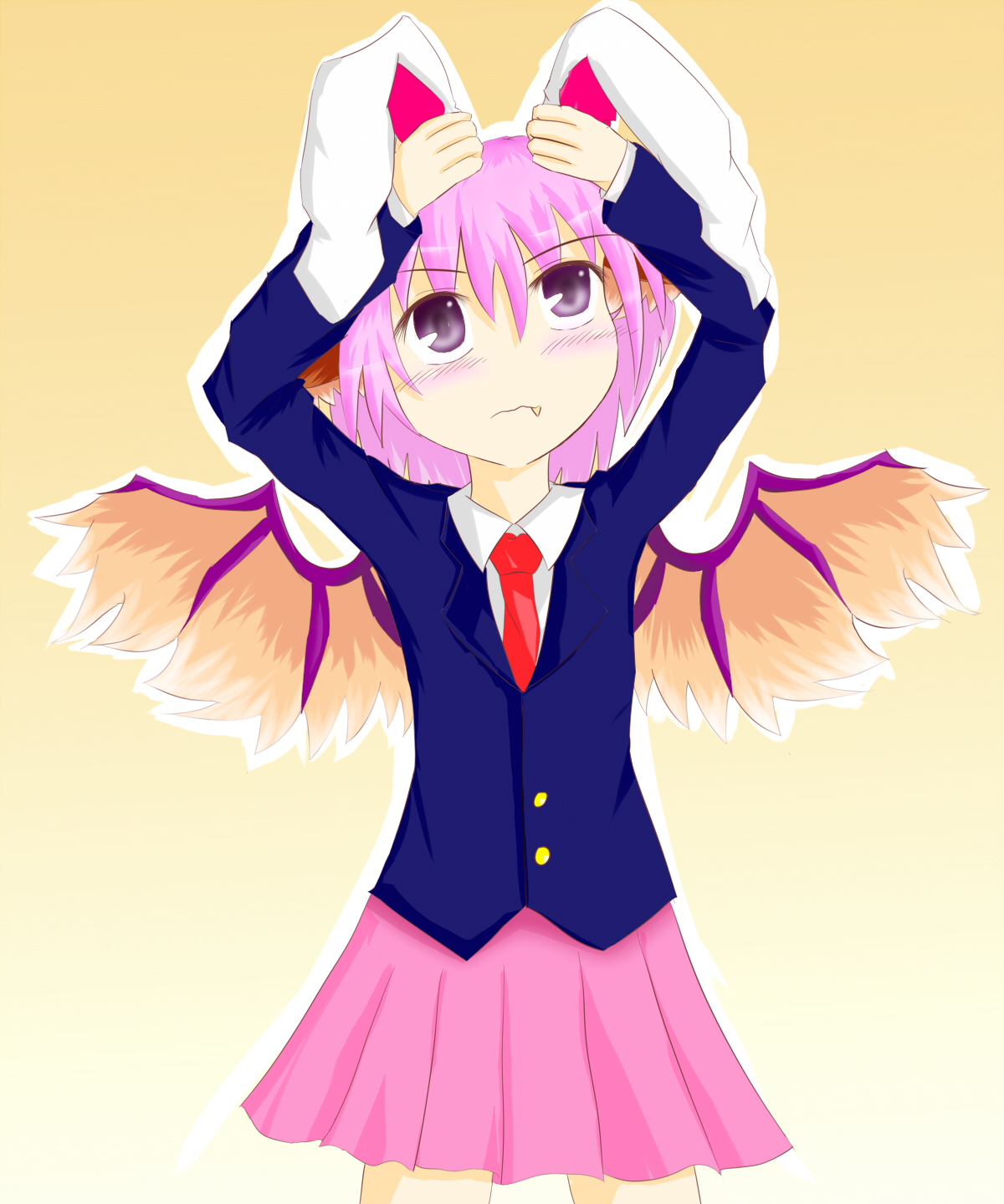 kotokonokoto, mystia lorelei, reisen udongein inaba, touhou, bad id, bad pixiv id, highres, 1girl, animal ears, cosplay, fang, female focus, gradient background, pink hair, purple eyes, rabbit ears, reisen udongein inaba (cosplay), short hair, solo, wings