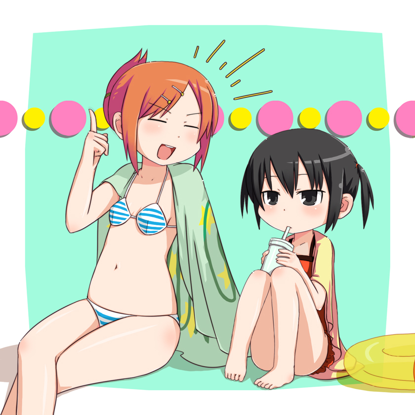 kurabayashi aya, marui hitoha, miyashita, mitsudomoe (manga), striped, 2girls, barefoot, bikini, black eyes, black hair, child, closed eyes, drinking, feet, flat chest, hair bun, hair ornament, hairclip, innertube, midriff, multiple girls, navel, one-piece swimsuit, orange hair, short twintails, single hair bun, swim ring, swimsuit, toes, towel, twintails