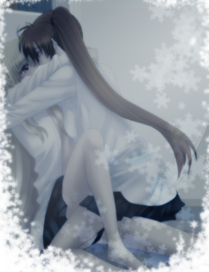 fate testarossa, takamachi nanoha, lyrical nanoha, mahou shoujo lyrical nanoha, mahou shoujo lyrical nanoha strikers, 00s, 2girls, barefoot, blonde hair, blush, brown hair, hug, kiss, long hair, multiple girls, red eyes, yuri