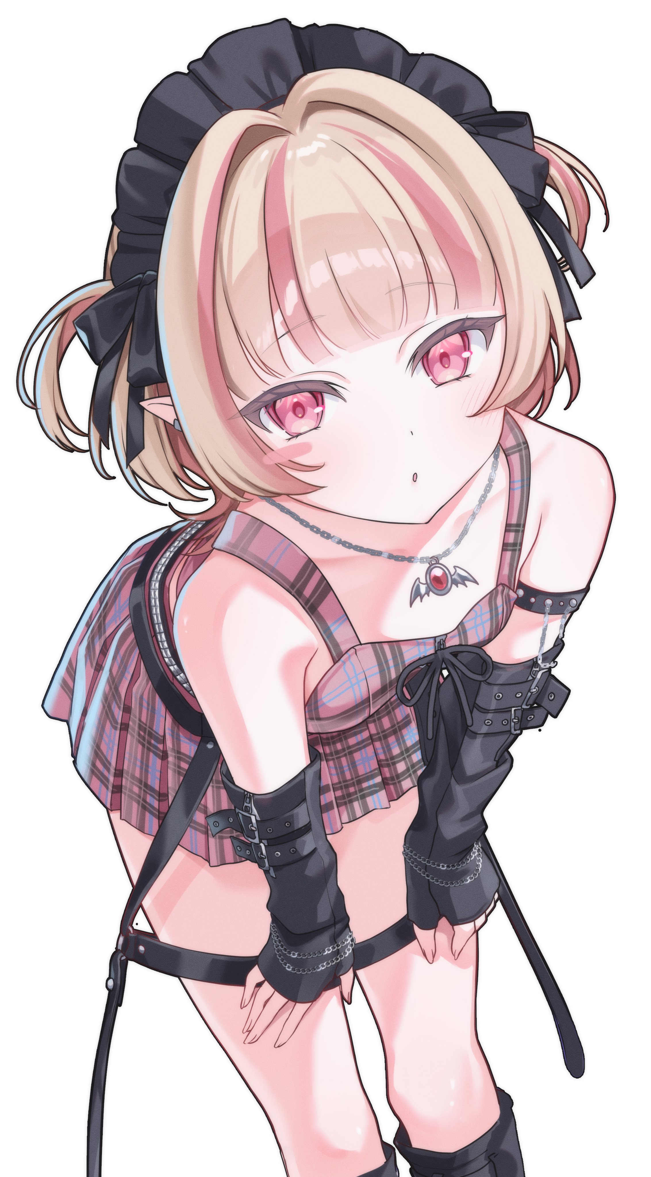 njuzu, makaino ririmu, makaino ririmu (6th costume), nijisanji, absurdres, highres, 1girl, arm belt, arm strap, bare shoulders, belt, black arm warmers, black belt, black bow, black headdress, black leg warmers, black straps, blunt bangs, blush, blush stickers, bow, breasts, chain, chain bracelet, chain necklace, collarbone, colored inner hair, crop top, dutch angle, ear cuffs, feet out of frame, grey hair, hair bow, hair intakes, harness, jewelry, leaning forward, leg warmers, looking at viewer, loose belt, maid headdress, miniskirt, multicolored hair, multiple belts, necklace, no jacket, o-ring, o-ring thigh strap, parted lips, pendant, pink hair, pink skirt, pink streaks, plaid clothes, plaid skirt, pleated skirt, pointy ears, red eyes, short hair, simple background, single blush sticker, skirt, sleeveless, small breasts, solo, standing, streaked hair, studded belt, thigh strap, two-tone hair, two side up, virtual youtuber, white background, wolf cut