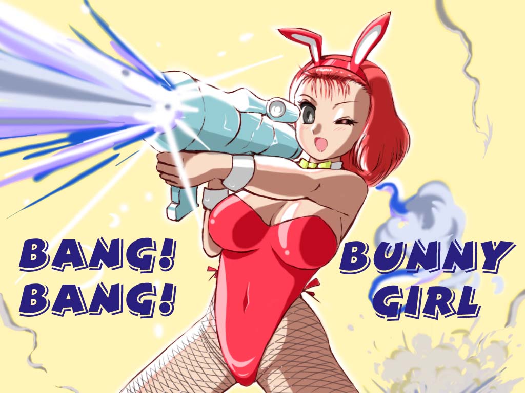 pispisman, animal ears, black eyes, fake animal ears, fishnet pantyhose, fishnets, m1 bazooka, one eye closed, pantyhose, playboy bunny, rabbit ears, red hair, rocket launcher, short hair, solo, weapon, wink