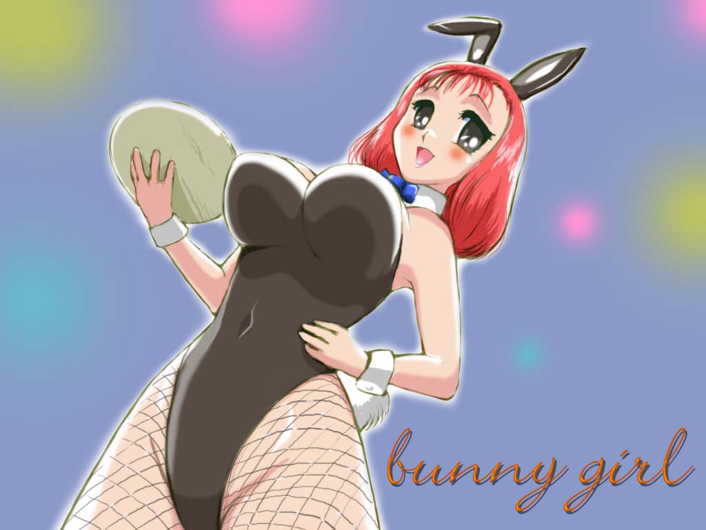 pispisman, animal ears, black eyes, fake animal ears, fishnet pantyhose, fishnets, pantyhose, playboy bunny, rabbit ears, red hair, short hair, solo, tray