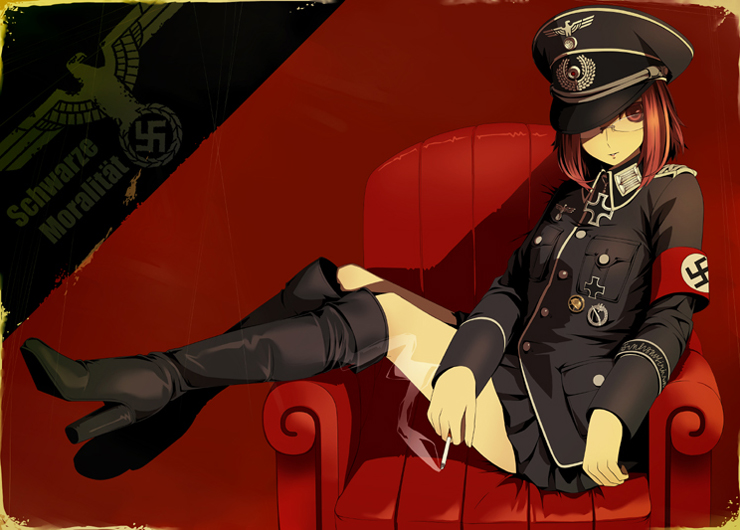 noguchi, original, 1girl, boots, cigarette, cross, female focus, glasses, hat, high heel boots, high heels, iron cross, military, military uniform, nazi, peaked cap, shoes, smoking, solo