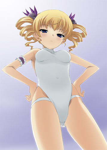 haoto luna, sousou (koihime musou), koihime musou, lowres, 00s, 1girl, arm garter, blonde hair, drill hair, female focus, from below, hands on own hips, leotard, one-piece swimsuit, solo, swimsuit, white one-piece swimsuit