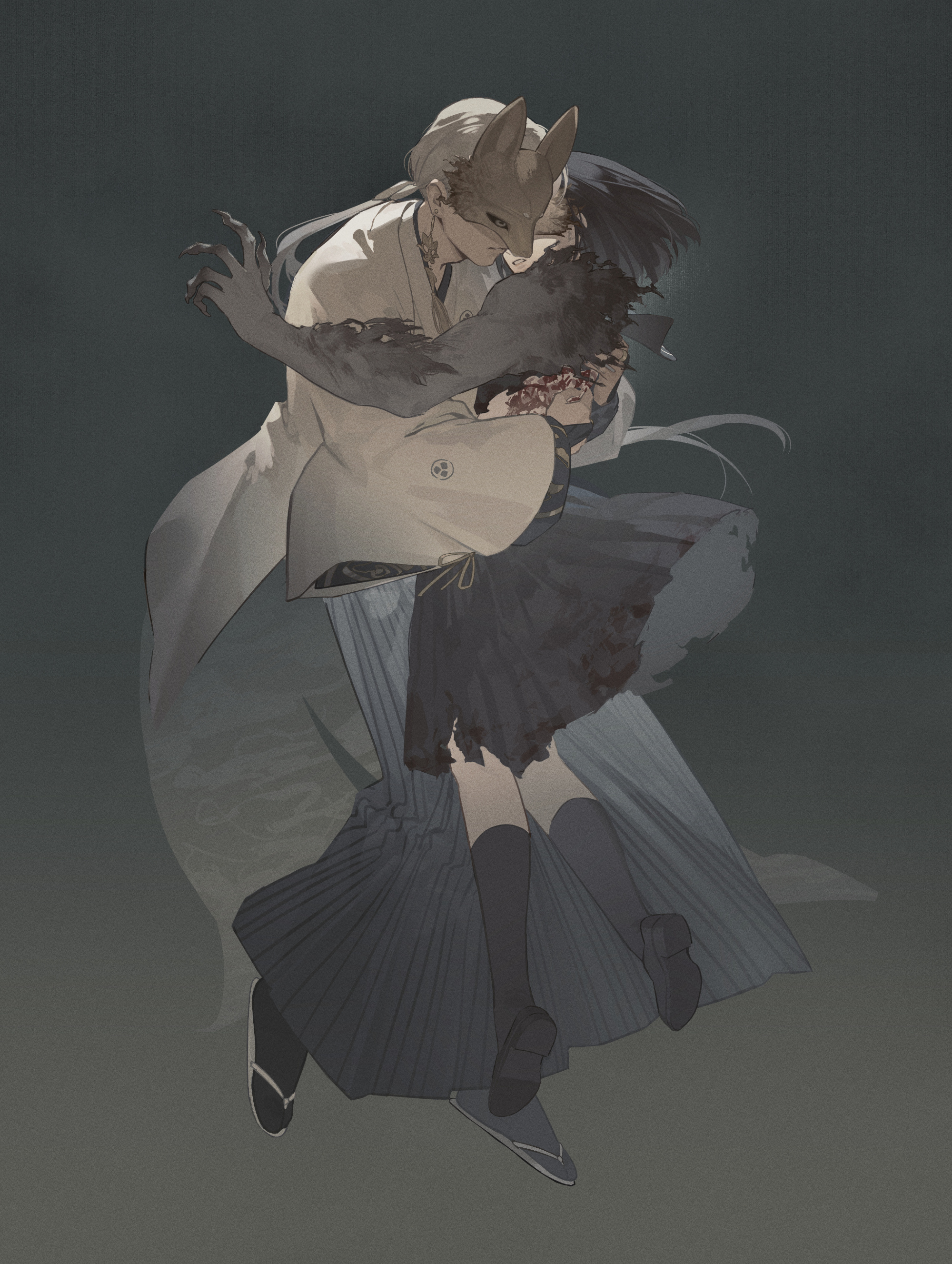lilith-lily, fox hinako, fox mask (silent hill), shimizu hinako, silent hill (series), silent hill f, absurdres, highres, spoilers, 1boy, 1girl, black hair, black sclera, black serafuku, black shoes, black skirt, black socks, blood, blood on clothes, bridal gauntlets, claws, colored sclera, earrings, floating, fox mask, full body, grey background, hetero, hug, japanese clothes, jewelry, long hair, low ponytail, mask, parted lips, pleated skirt, ponytail, robe, sandals, school uniform, serafuku, shirt, shoes, short hair, single earring, skirt, socks, tabi, tassel, tassel earrings, torn clothes, torn shirt, torn skirt, white hair, white robe, wide sleeves, yellow eyes