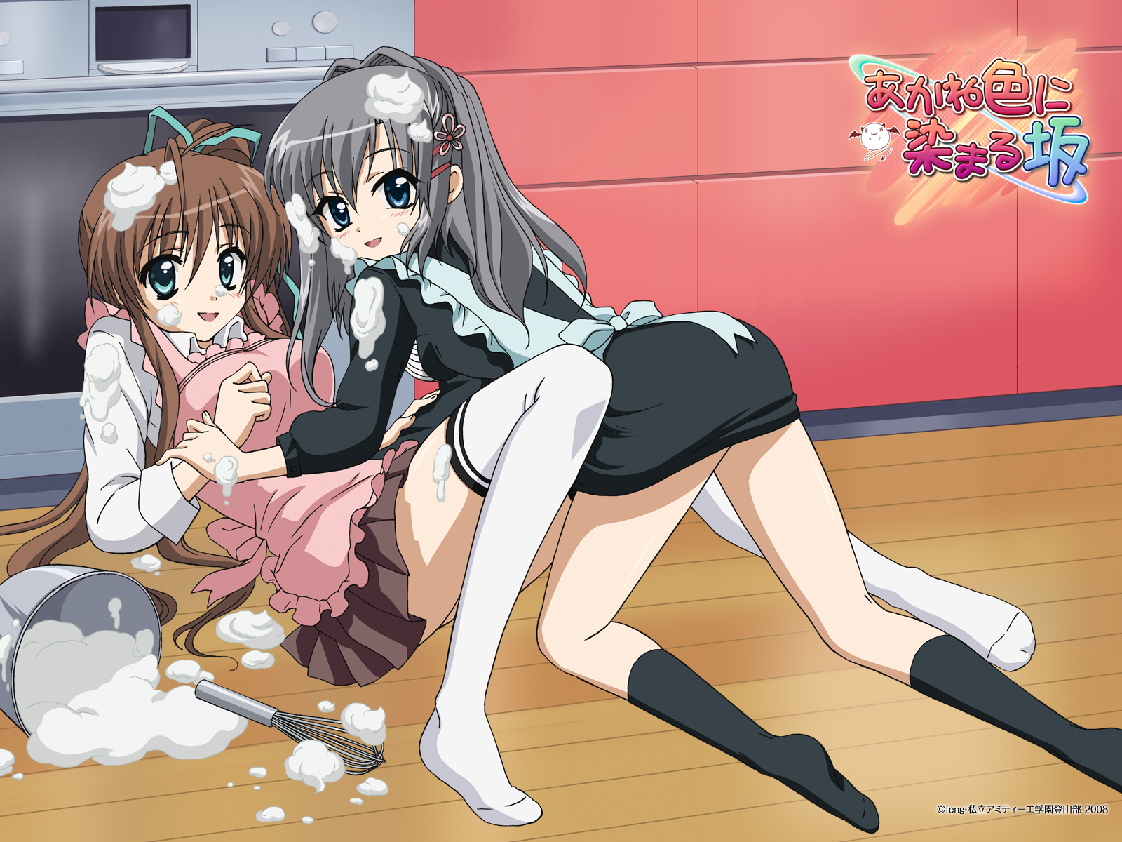 yukawa jun, katagiri yuuhi, nagase minato, akane-iro ni somaru saka, messy, pot, silver hair, striped, white legwear, highres, non-web source, official art, official wallpaper, 2girls, :d, all fours, antenna hair, apron, aqua eyes, ass, black dress, black socks, blue eyes, blush, bow, brown hair, clenched hand, copyright name, cream, dress, frills, hair ornament, hair ribbon, hairclip, holding another's wrist, indoors, kneehighs, kneepits, legs, long hair, long legs, long sleeves, looking at viewer, looking back, multiple girls, on floor, open mouth, pinstripe pattern, pleated skirt, ponytail, reclining, ribbon, sexually suggestive, shirt, short dress, side ponytail, sidelocks, skirt, sleeve cuffs, smile, socks, spill, suggestive fluid, thighhighs, very long hair, whisk, white shirt, wing collar, wooden floor, yuri
