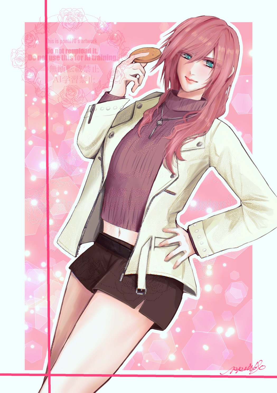 lightning farron, final fantasy, final fantasy xiii, highres, 1girl, aqua eyes, black shorts, border, brown sweater, cowboy shot, dissidia duellum final fantasy, food, hair between eyes, hair over shoulder, hand on own hip, holding, holding food, jacket, jewelry, light smile, long hair, midriff, navel, necklace, official alternate costume, pink background, pink hair, ppnt690, shorts, signature, solo, sweater, turtleneck, turtleneck sweater, white border, white jacket