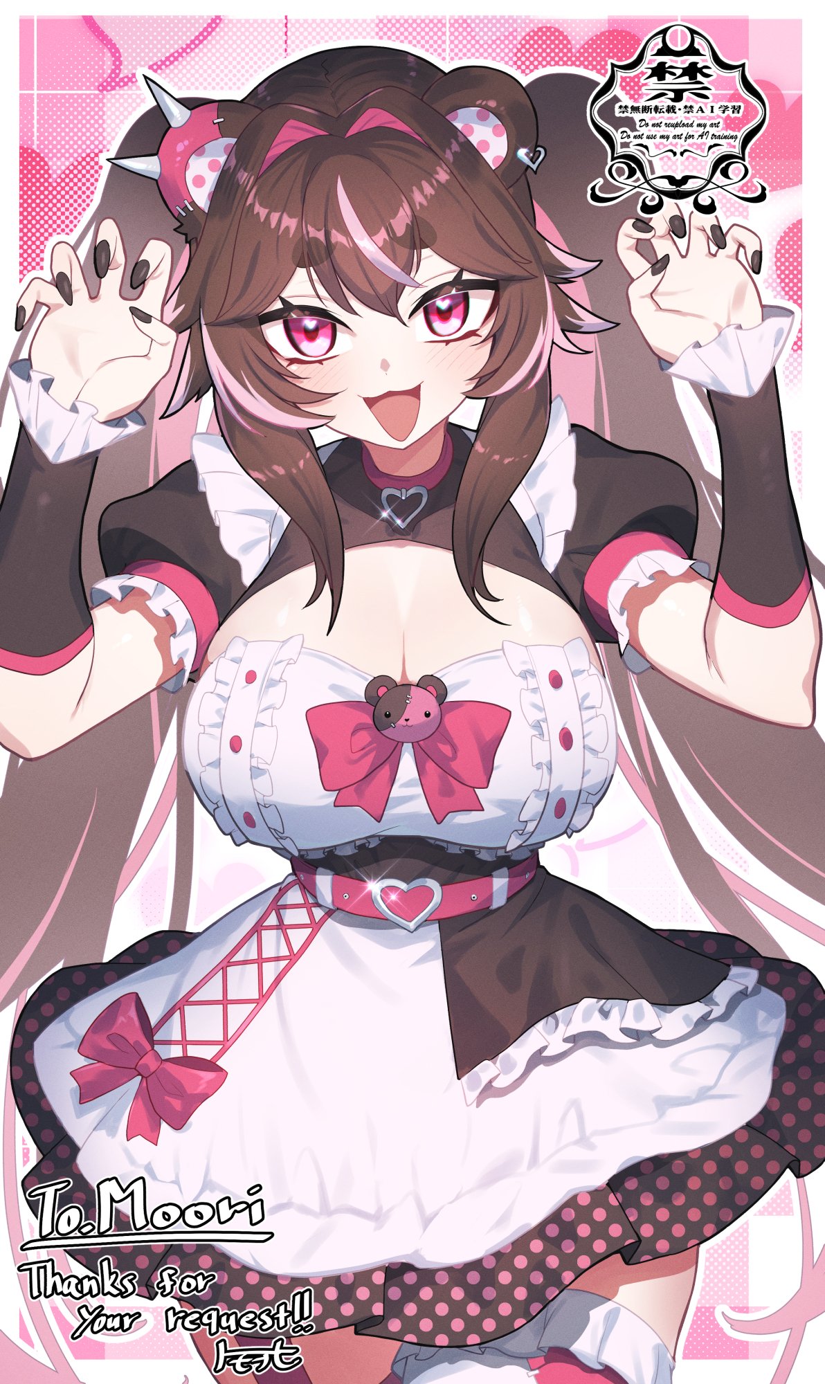 matsumoto tomoyohi, original, bilingual commentary, commentary, commission, english commentary, highres, mixed-language commentary, skeb commission, 1girl, animal ears, apron, bear ears, bear girl, black dress, black nails, blush, bow, breasts, brown hair, claw pose, cleavage, cowboy shot, detached sleeves, double-parted bangs, dress, fingernails, frilled apron, frills, hands up, heart, heart in eye, large breasts, long hair, looking at viewer, multicolored hair, nail polish, open mouth, pink bow, pink eyes, pink streaks, puffy short sleeves, puffy sleeves, short sleeves, smile, solo, streaked hair, symbol in eye, twintails, very long hair, white apron