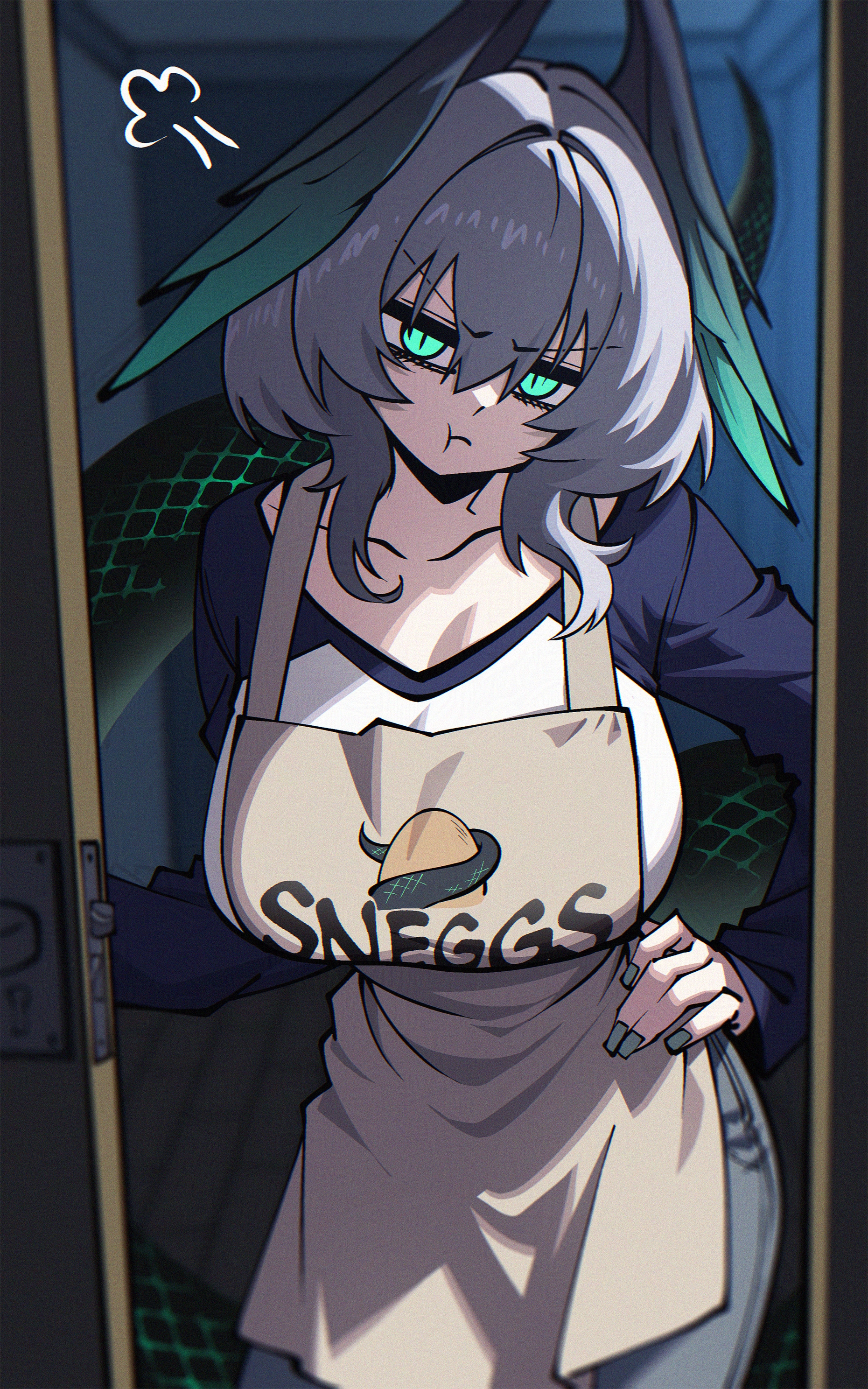 dryegen, ho'olheyak (arknights), arknights, absurdres, highres, 1girl, :t, apron, breasts, brown apron, collarbone, door, green eyes, grey hair, hand on own hip, head wings, large breasts, looking at viewer, open door, pout, snake tail, solo, tail, wings