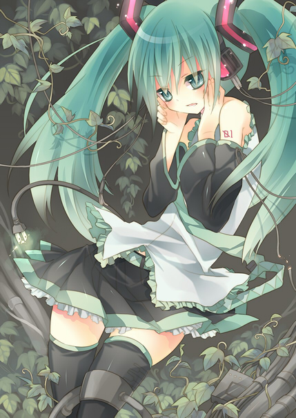 yamiya (8 18dlq), hatsune miku, vocaloid, blue eyes, blue hair, detached sleeves, headphones, leaf, long hair, nature, necktie, skirt, solo, thighhighs, twintails, zettai ryouiki