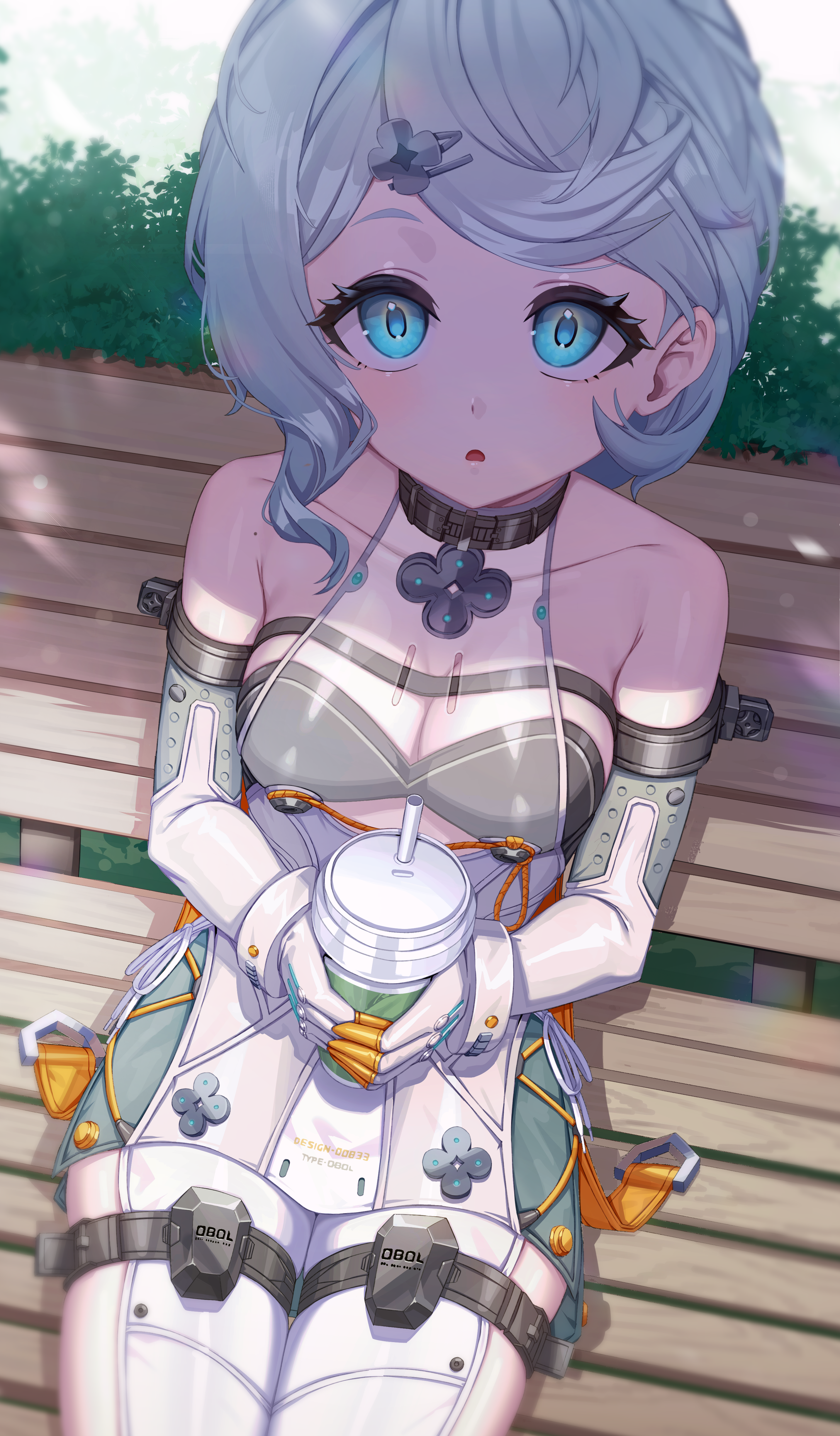 sseli, seed (zenless zone zero), zenless zone zero, absurdres, highres, 1girl, bare shoulders, blue eyes, blue hair, blush, braid, breasts, cleavage, clothing cutout, cup, elbow gloves, flower hairpin, formal clothes, gloves, hair ornament, holding, holding cup, latex pants, long hair, looking at viewer, medium breasts, mole, mole on shoulder, open mouth, outdoors, see-through dress layer, side cutout, sitting, smile, solo, suit, thigh strap, white gloves, white suit