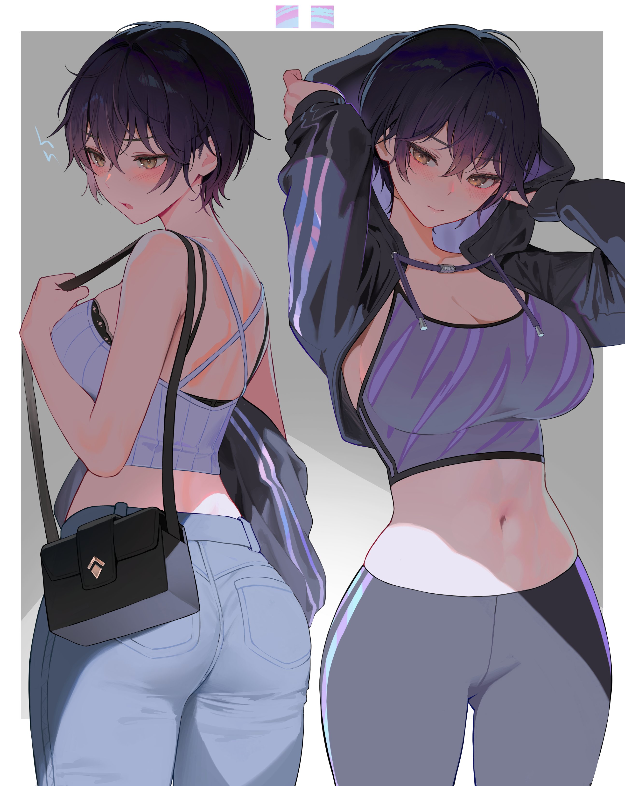myabit, original, absurdres, highres, 1girl, ass, bag, black hair, breasts, brown eyes, closed mouth, cropped jacket, denim, grey background, hood, hooded jacket, jacket, jeans, large breasts, looking at viewer, midriff, multiple views, navel, open clothes, open jacket, open mouth, pants, short hair, shoulder bag, simple background, tight clothes, tight pants, two-tone background, white background