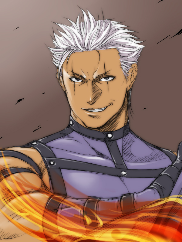 esaka, krizalid, snk, the king of fighters, bad id, 1boy, blue eyes, dark-skinned male, dark skin, fire, grin, male focus, pyrokinesis, smile, solo, white hair