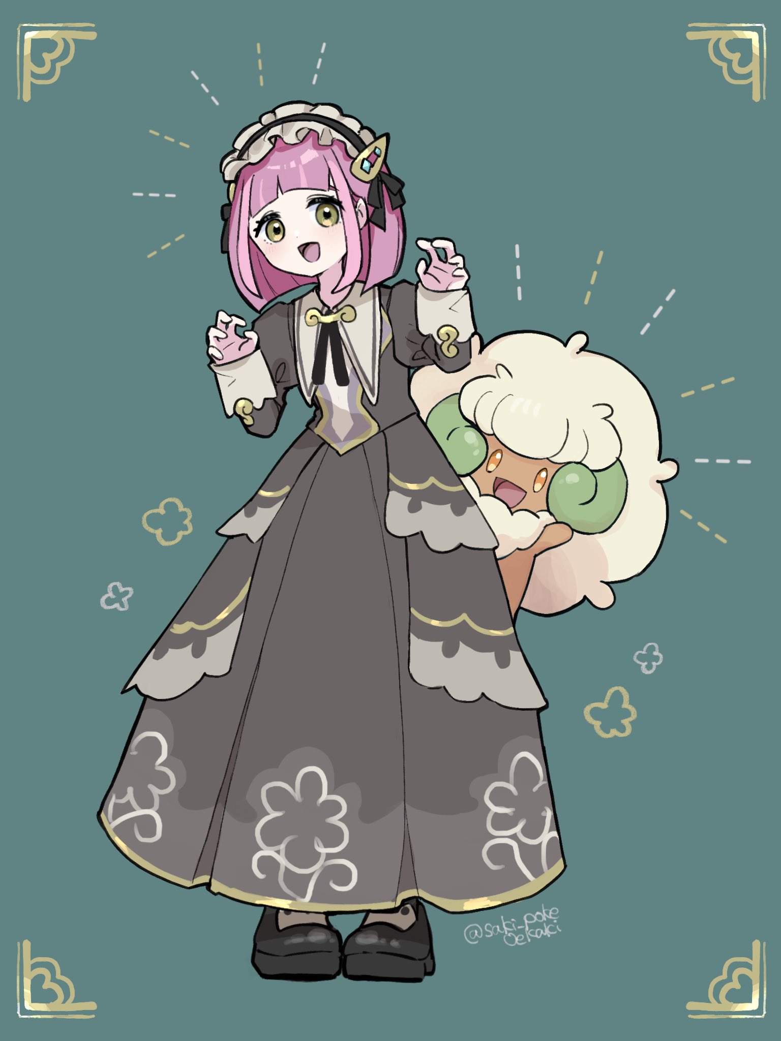 saki pokeoekaki, lacey (fall 2025) (pokemon), lacey (pokemon), whimsicott, nintendo, pokemon, pokemon masters ex, highres, 1girl, arched bangs, black bow, black dress, blush, bow, brown eyes, brown hair, dress, full body, gen 5 pokemon, green eyes, hair ornament, headdress, juliet sleeves, long sleeves, looking at viewer, maid, maid headdress, official alternate costume, open mouth, pantyhose, pink hair, pokemon (creature), puffy sleeves, shoes, short hair, smile