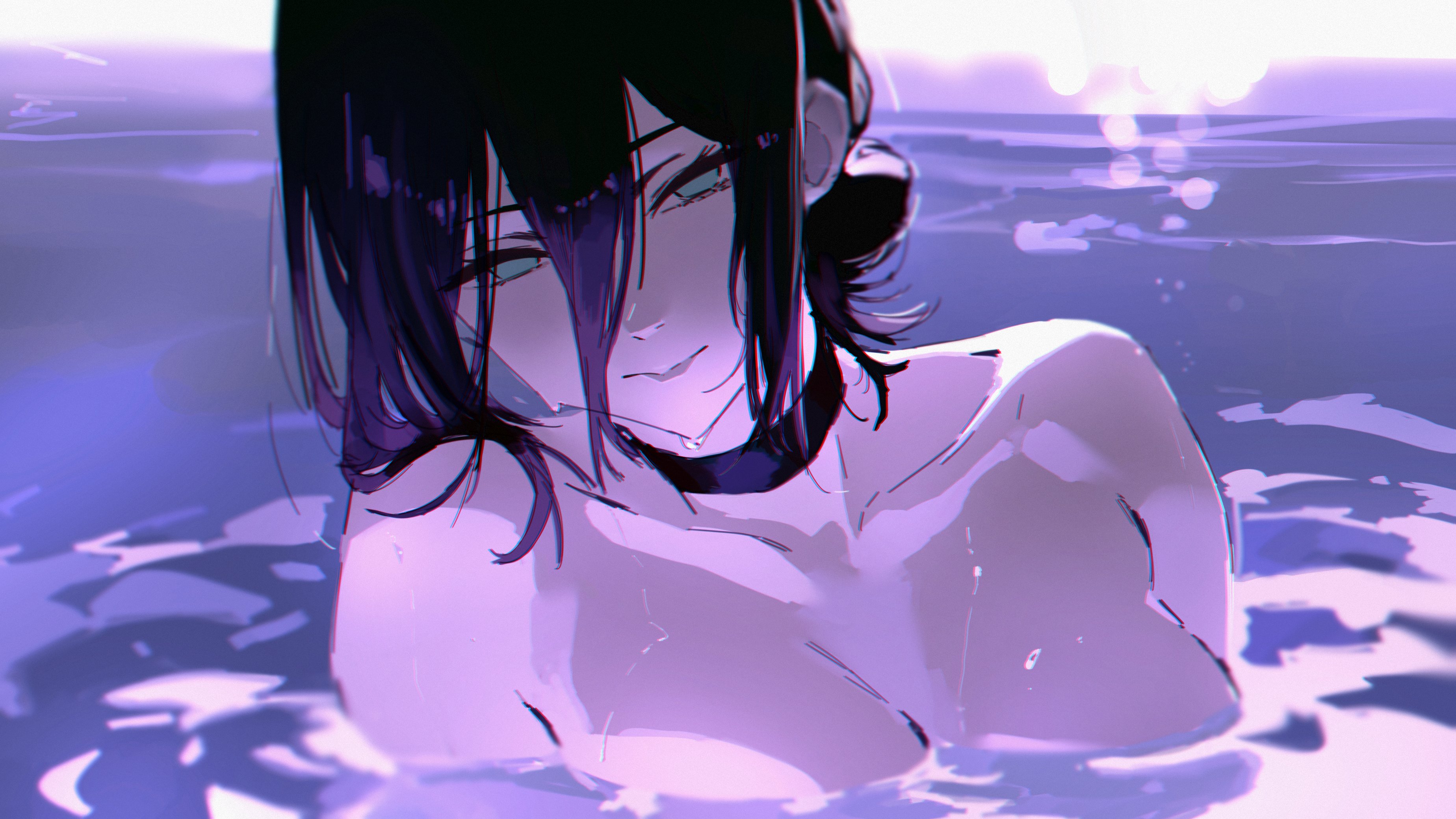 doremy, reze (chainsaw man), chainsaw man, absurdres, highres, 1girl, black choker, black hair, breasts, choker, cleavage, closed mouth, collarbone, green eyes, hair between eyes, hair bun, long hair between eyes, looking at viewer, nude, partially submerged, pool, short hair, single hair bun, solo, water, wet, wet hair