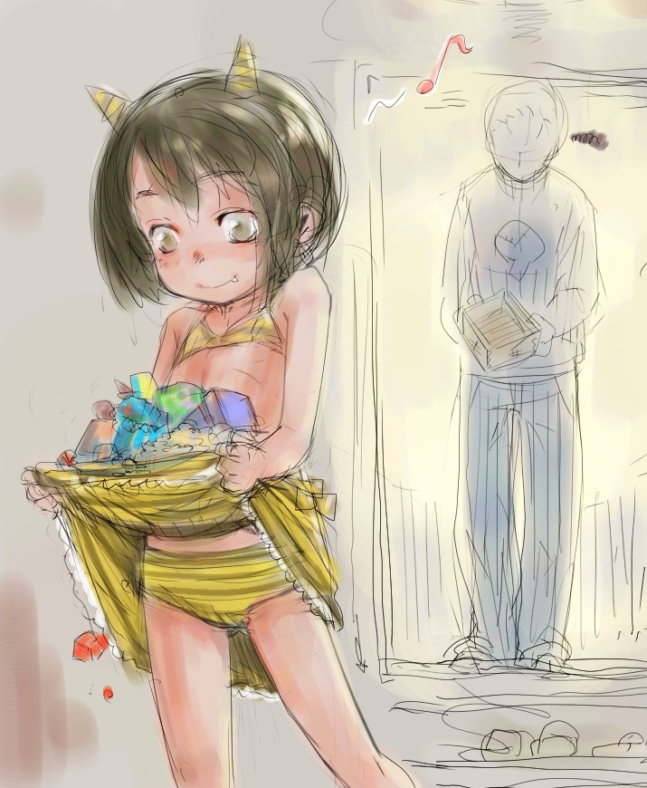 np (slipbounds), original, 1girl, animal print, brown eyes, brown hair, candy, child, clothes lift, fang, flat chest, food, horns, midriff, musical note, np(pixiv7199), oni, panties, setsubun, short hair, skirt, skirt basket, skirt lift, smile, striped clothes, striped panties, tiger print, underwear