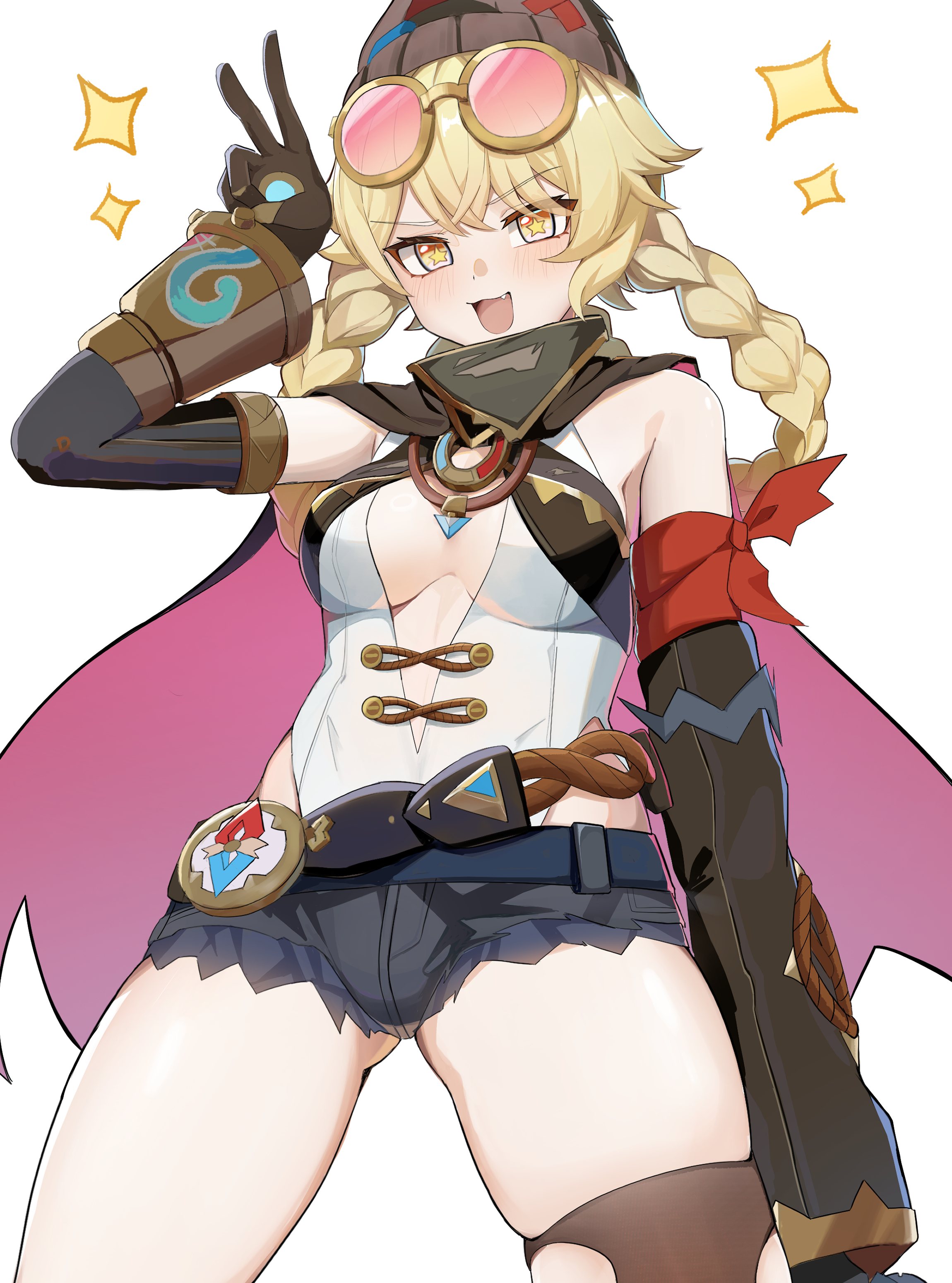 ekaki hagoromo, jahoda (genshin impact), genshin impact, absurdres, commentary request, highres, 1girl, arm up, bandana around arm, blonde hair, braid, braided hair rings, breasts, brown hat, cowboy shot, eyewear on head, goggles, goggles on head, hair rings, hat, looking at viewer, mechanical arms, open mouth, prosthesis, prosthetic arm, simple background, single mechanical arm, single thighhigh, solo, sparkle, star-shaped pupils, star (symbol), symbol-shaped pupils, thighhighs, thighs, torn clothes, torn thighhighs, v, white background, yellow eyes
