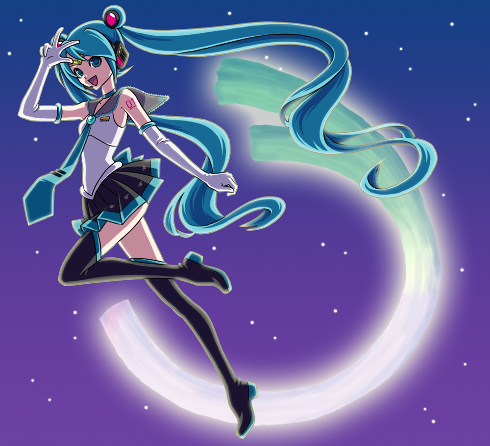 kirita asami, hatsune miku, bishoujo senshi sailor moon, vocaloid, 1girl, aqua eyes, aqua hair, boots, cosplay, double bun, elbow gloves, female focus, gloves, hair bun, long hair, necktie, open mouth, parody, sailor senshi, sailor senshi (cosplay), skirt, solo, spring onion, thigh boots, thighhighs, twintails, unofficial sailor senshi uniform, very long hair, white gloves
