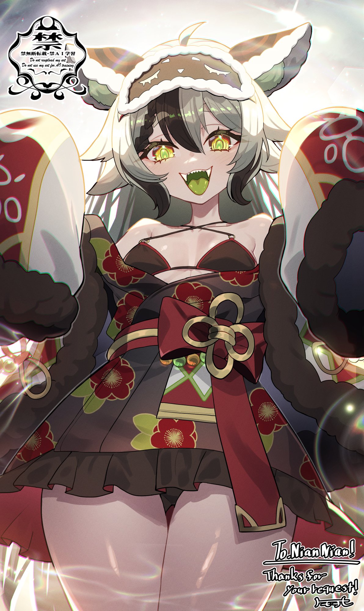 matsumoto tomoyohi, original, bilingual commentary, commentary, commission, english commentary, highres, mixed-language commentary, skeb commission, 1girl, ahoge, animal ear fluff, animal ears, black kimono, black streaks, breasts, colored tongue, cowboy shot, fangs, frilled kimono, frills, green tongue, grey hair, hair between eyes, japanese clothes, kimono, long hair, long sleeves, looking at viewer, mask, mask on head, medium breasts, multicolored hair, open mouth, sharp teeth, short kimono, sleep mask, smile, solo, streaked hair, teeth, thighs, upper teeth only, yellow eyes