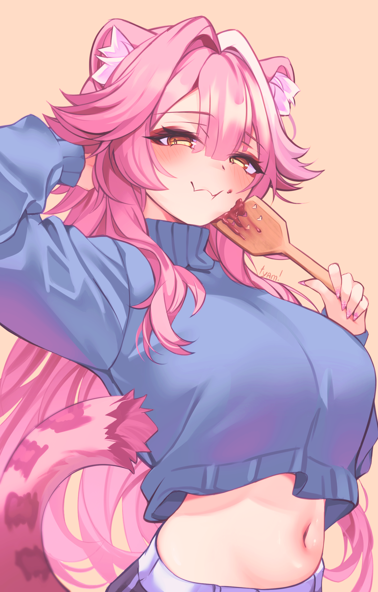 tyam, raora panthera, hololive, hololive english, absurdres, commentary, english commentary, highres, 1girl, :3, animal ears, artist name, blue sweater, blush, breasts, closed mouth, eating, eyeshadow, fingernails, hair intakes, holding, holding spatula, large breasts, long hair, long sleeves, looking at viewer, makeup, midriff, multicolored hair, nail polish, navel, panther ears, panther girl, panther tail, pink background, pink hair, pink nails, pink tail, red eyeshadow, simple background, smile, solo, spatula, stomach, streaked hair, sweater, tail, two-tone hair, virtual youtuber, wooden spatula, yellow eyes