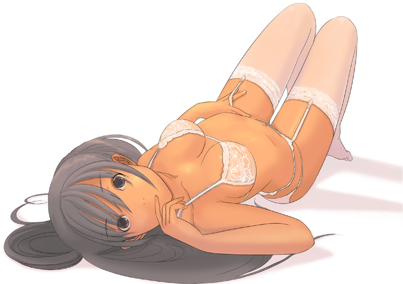 kiriman (souldeep), original, 1girl, black hair, bra, dark-skinned female, dark skin, female focus, garter belt, lingerie, lying, solo, thighhighs, underwear