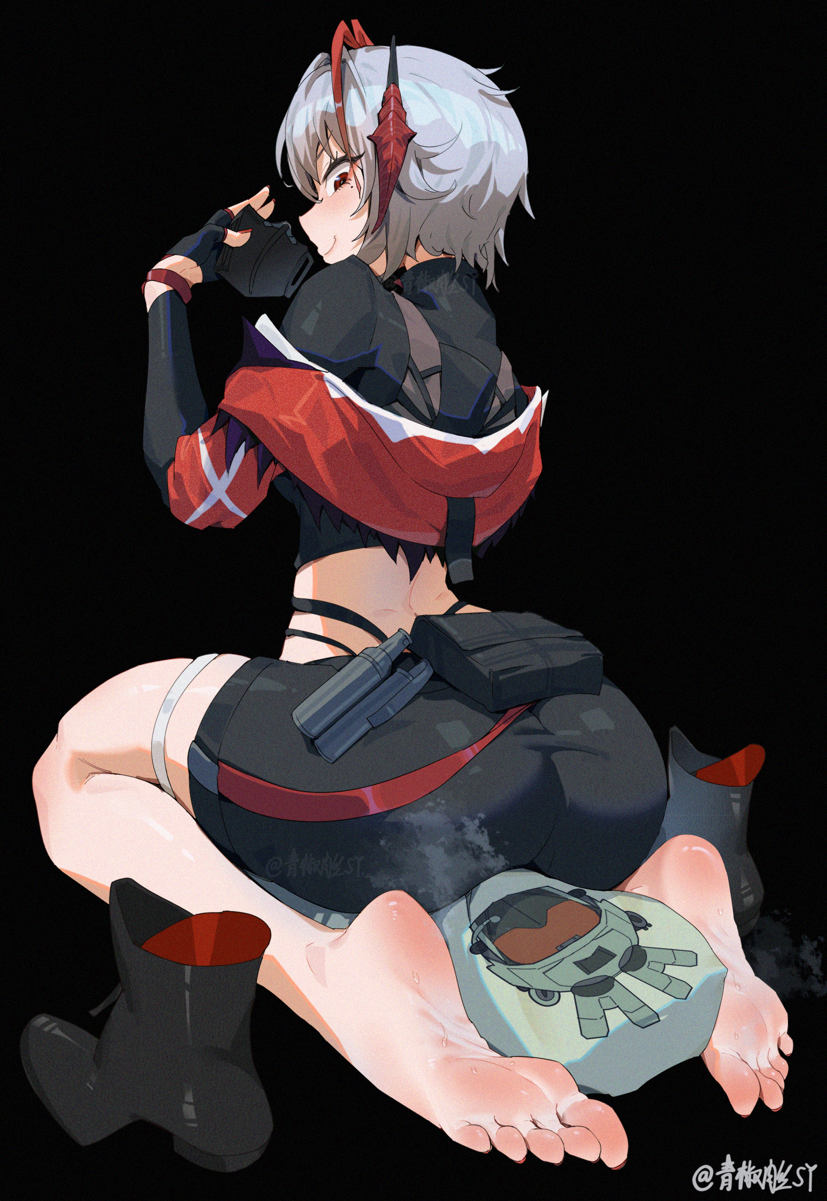 qingjiao rou si, w (arknights), wis'adel (arknights), arknights, highres, 1girl, ass, barefoot, feet, grey hair, light blush, looking at viewer, mask, medium hair, mole, mole under eye, mouth mask, red eyes, shoes, smile, soles, steam, toes, unworn mask, unworn shoes